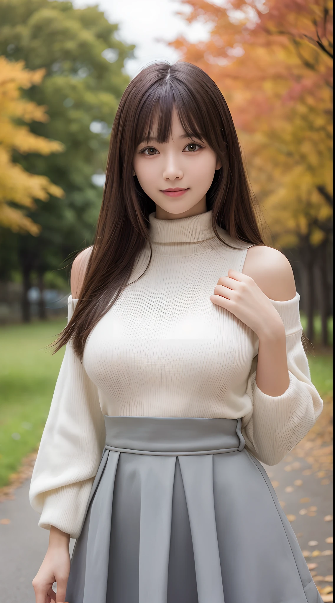 masutepiece、Best Quality、 ultra-detailliert、hight resolution、8K Wallpapers、Perfect dynamic composition,、Beautiful detailed eyes、(Beautiful Large Breasts:1.4)、masutepiece,Best Quality,Ultra-detailed,finely detail,hight resolution,in 8K,((Photorealsitic:1.4,Raw photography,超A high resolution,Top image quality:1.4))、Childish girl、High school students、18year old、A slender、a small face、A smile、Brown hair、The long-haired、Pattsun bangs、straight haired、Light brown long-sleeved knit with small turtleneck、Compact shoulder bag、long red skirt、Tree-lined avenue of autumn leaves、