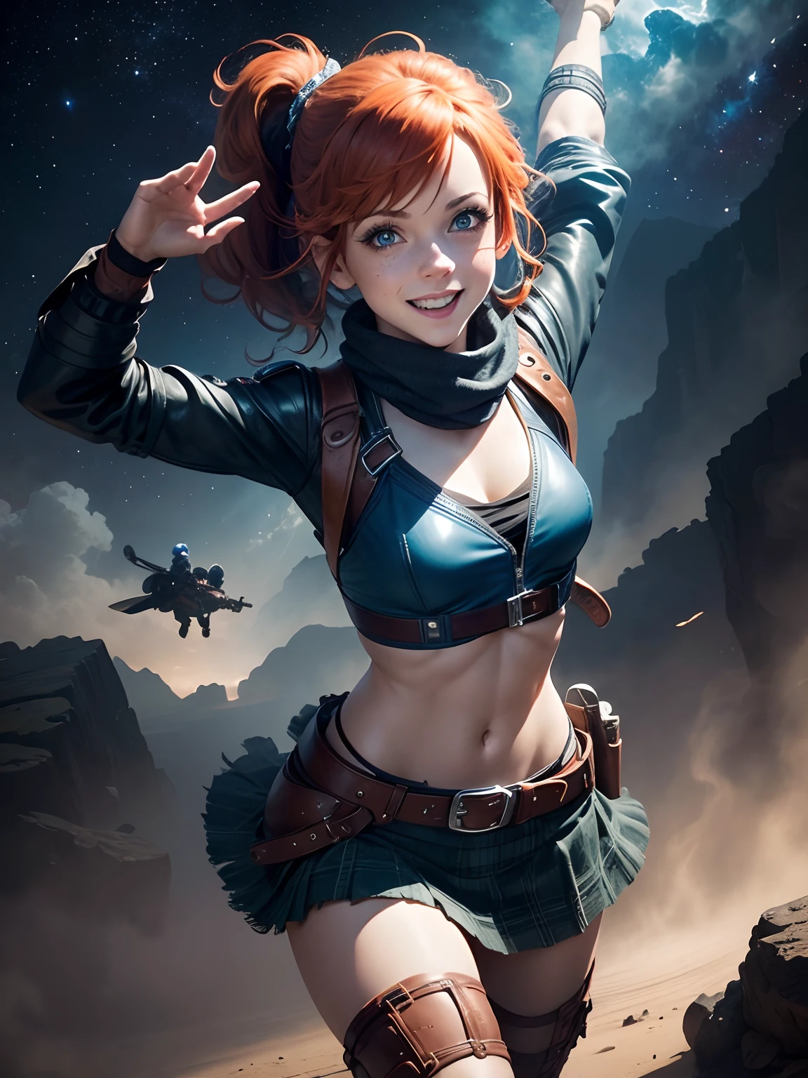 Lindsey Stirling, dramatic lighting, chiaroscuro, full figure, red hair in ponytail, blue eyes, freckles, cheerful smile, leather flying jacket, antique goggles, keffiyeh, halter top, kilt, knee length leather boots, flying like superhero, floating in space, saluting with right hand, left knee bent, nebula, stars