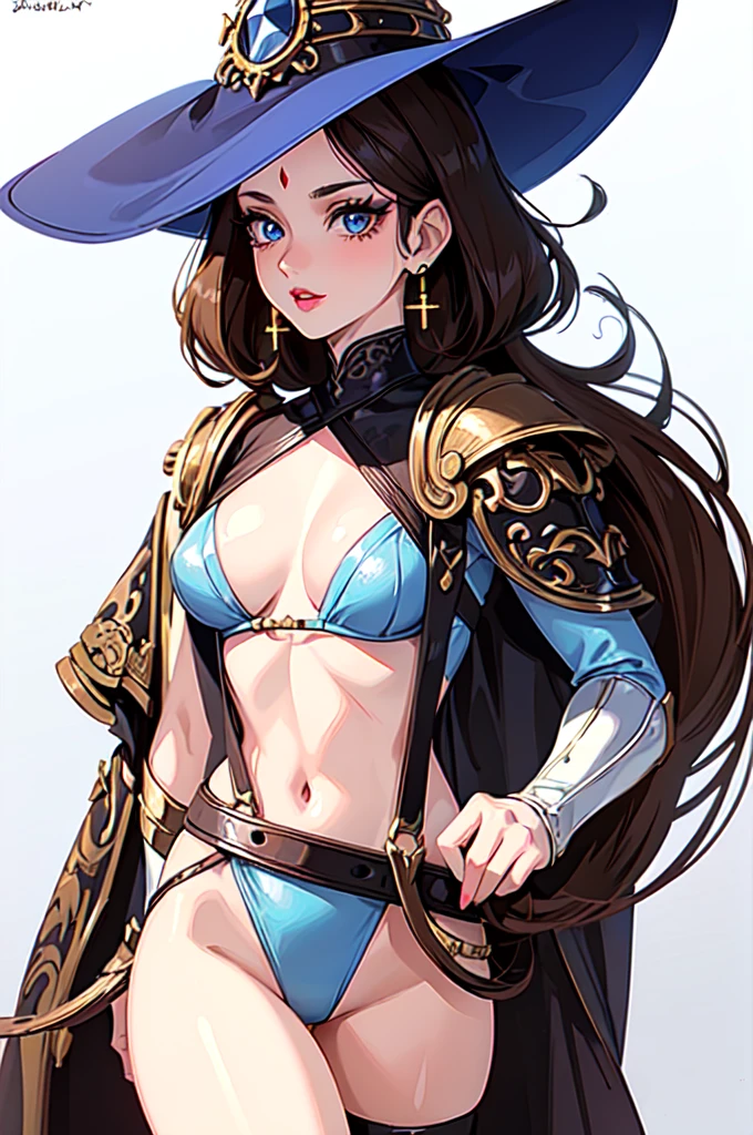 "(masterpiece:1.1), best quality,
1girl, (80s anime style:1.4), (eyelashes:1.5),
(intricate high detailed body:1.2),
brown hair,
(forehead, hair slicked back:1.2), (short hair:1.1), (witch hat:1.2),
blue eyes, (red lip stick:1.1),
(slim body:1.2), (large breasts:1.1),
grin,
(high cut leotard armor, criss-cross halter:1.2),
(suspenders:1.1), (earrings:1.1), collar,
standing, peace,
(cowboy shot:1.1),
(simple white background:1.2)"