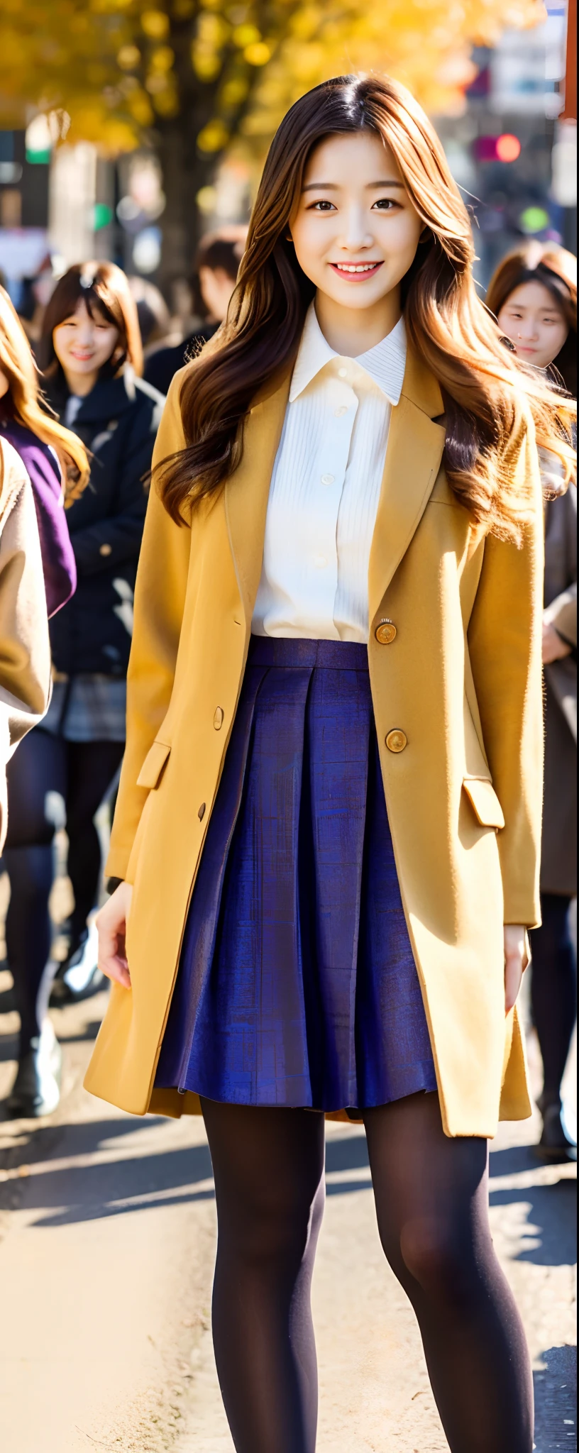 (8k, RAW photos, top quality, masterpiece: 1.2, ultra detailed, super resolution, real photos: 1.37), (Full body photo), 1 noble elegant Japanese lady, (standing contrapposte), ((pale color coodinate amber peach light brown other color, wearing over-size short autumn coat, beige long skirt, inner shirt, black tights, wearing loafers)), Shiny, Smile, Looks like 1.8 meters tall, large pelvis, Large breasts, big cuvy hips, Thin waist, Long legs, skin hyper-detail, 20 years old, Perfect face, (Detailed facial features), Wavy hair, Daylight, autumn season, center of street, crowd of people,