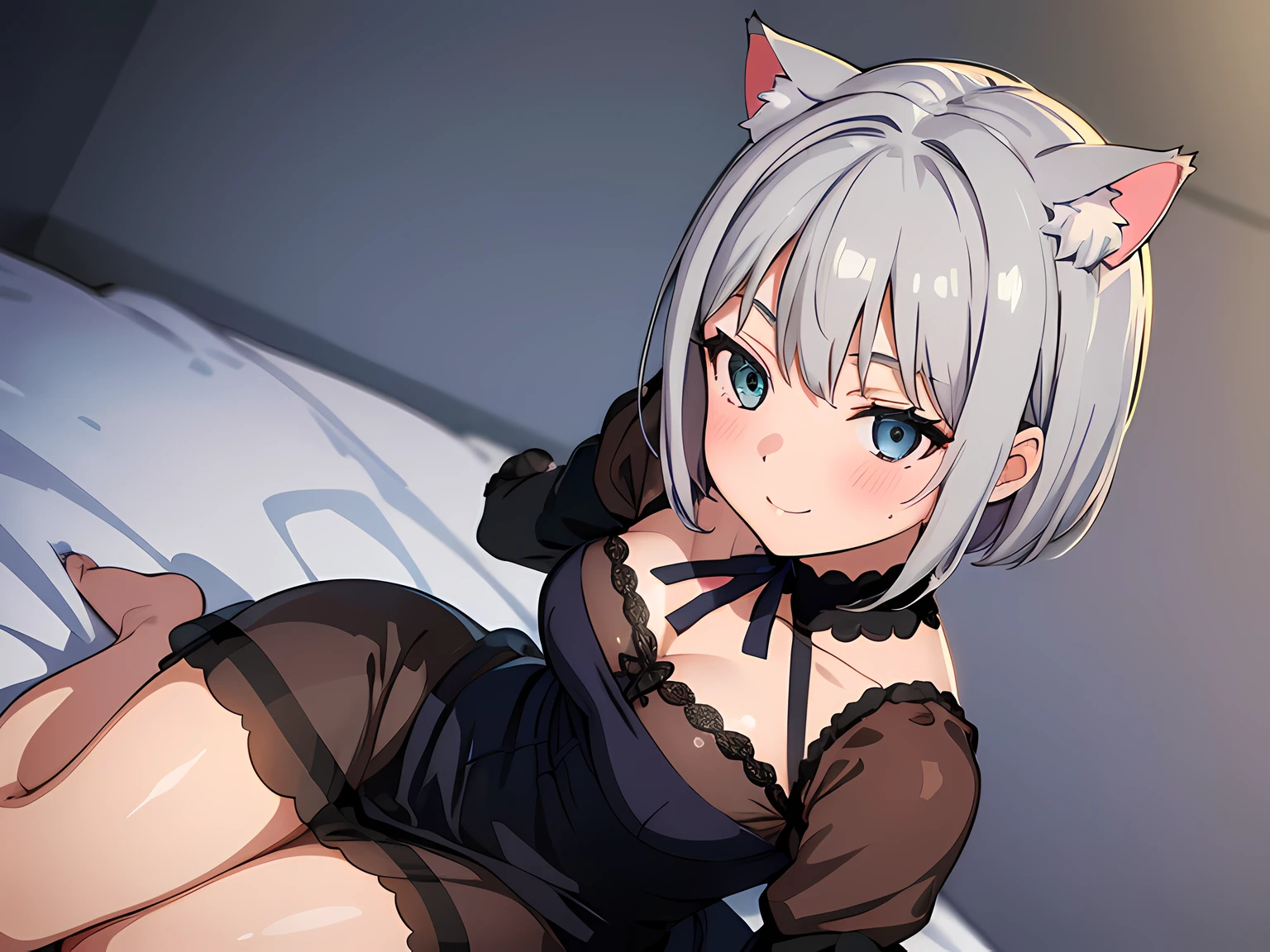 1 girl, sitting on bed arms behind back, (beautiful eyes finely detailed, gray hair color, short hair, cat ears, without human ears), wearing long witch dress, happy facial expression, smiling, blush on her face, bedroom, sidelighting, masterpiece, top-quality, detailed, High resolution illustration