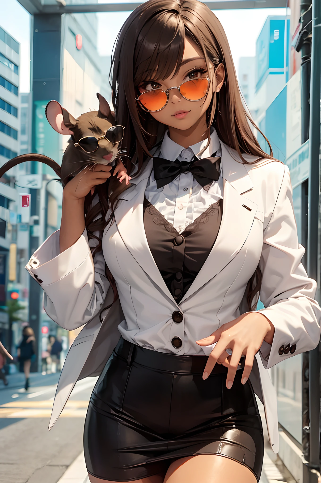 (A rat in a tuxedo and sunglasses is riding on the girl's shoulder)、BREAK,Ganguro,Kogyaru,Japanese - gyaru, (Chocolate Brown Skin),False eyelashes,gyaru make,tuxedo,sunglasses.white lips,