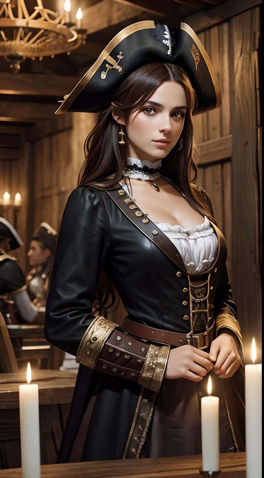 Pirate brunette woman in 17th century Spanish leather uniform, feathered tricorn, wind, beautiful digital artwork, inside a pirate tavern, indoors, candles in the backgound