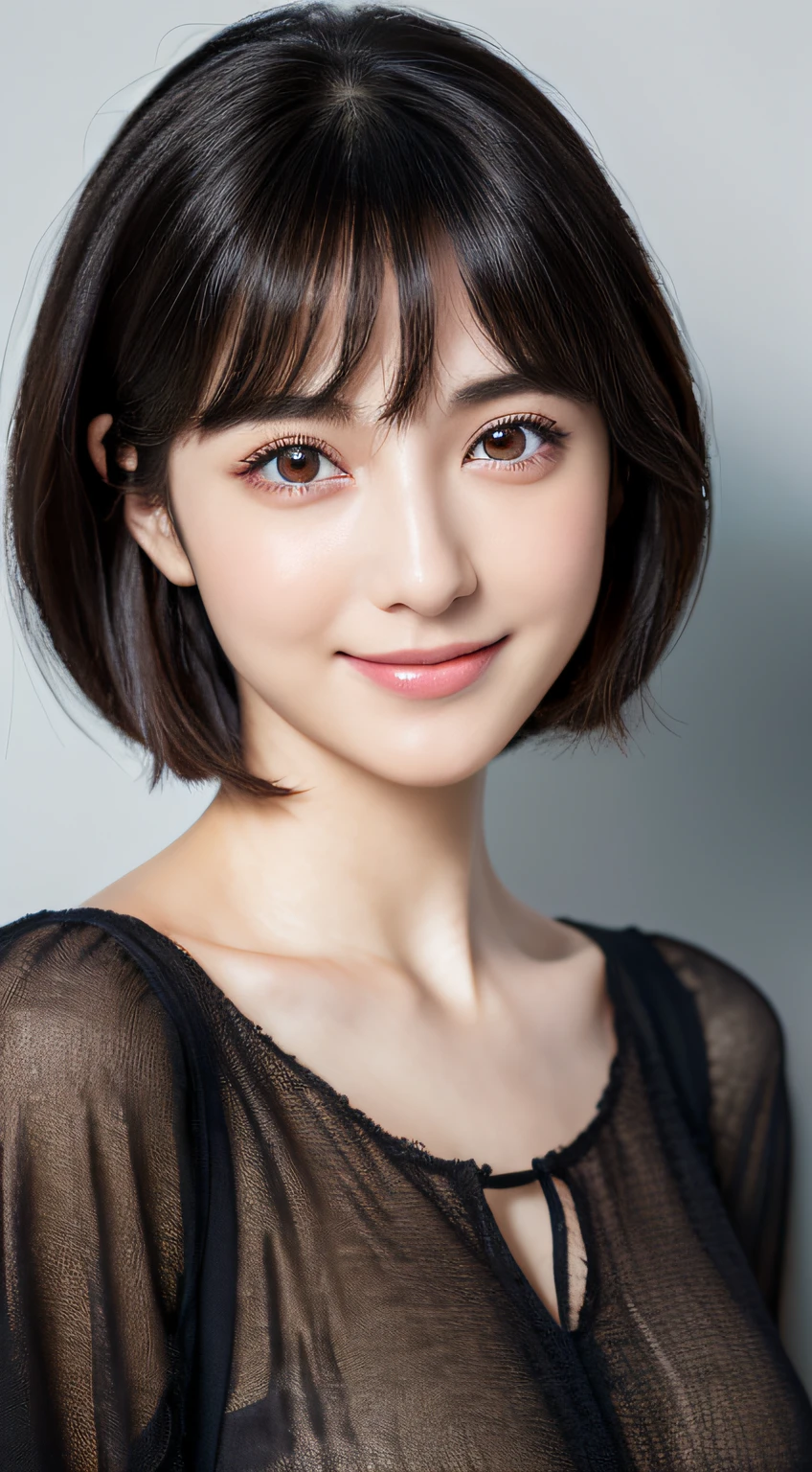 (photographed:1.2)、(Photorealsitic:1.4)、(masterpiece:1.3)、(top-quality:1.4)、超A high resolution、(A detailed eye)、(detailed facial features)、(detailed clothes features)、8K分辨率、solofocus、bangss、Double eyelids、japanes, (1girl in), beauitful face, (Lifelike face), (A dark-haired, short-hair:1.3), Beautiful hairstyle, Realistic eyes, Beautiful eyes, (real looking skin), Beautiful skin, enticing, 超A high resolution, A hyper-realistic, high-detail, see the beholder,A smile,camisa branca aberta,is standing、Feeling peeking from below、Kamimei