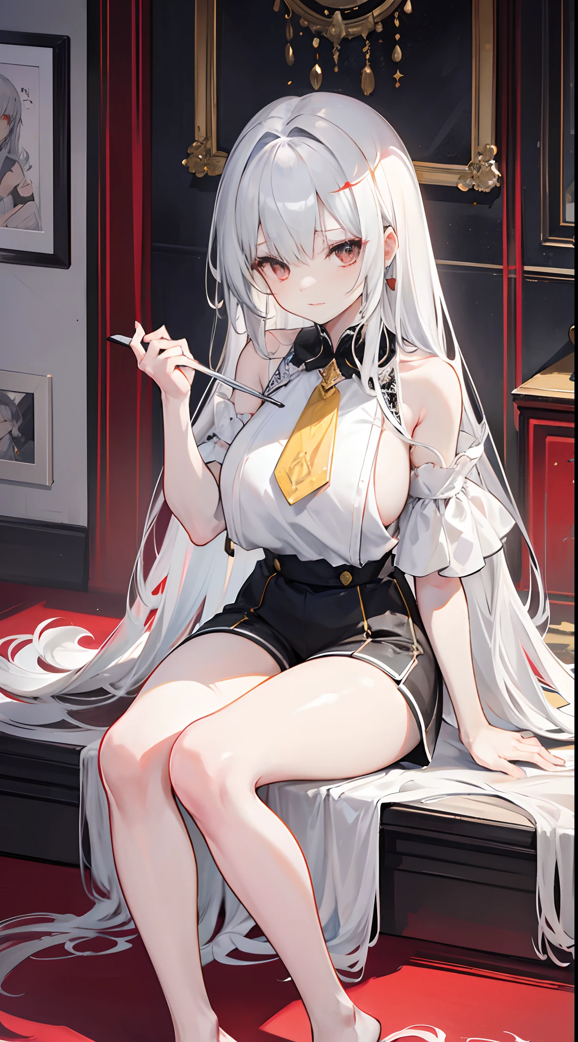 Silvery-white hair exudes long hair,Jagged hair curtains,Red with yellow heteropupils,girl,The appearance of just waking up,Detailed description of hair,White single off-the-shoulder large short sleeves,Light gray sports shorts,Two-dimensional girl sitting,sat on the ground,Place both hands between your thighs,Clamp your chest,Tilt your head,White carpet,huge tit
