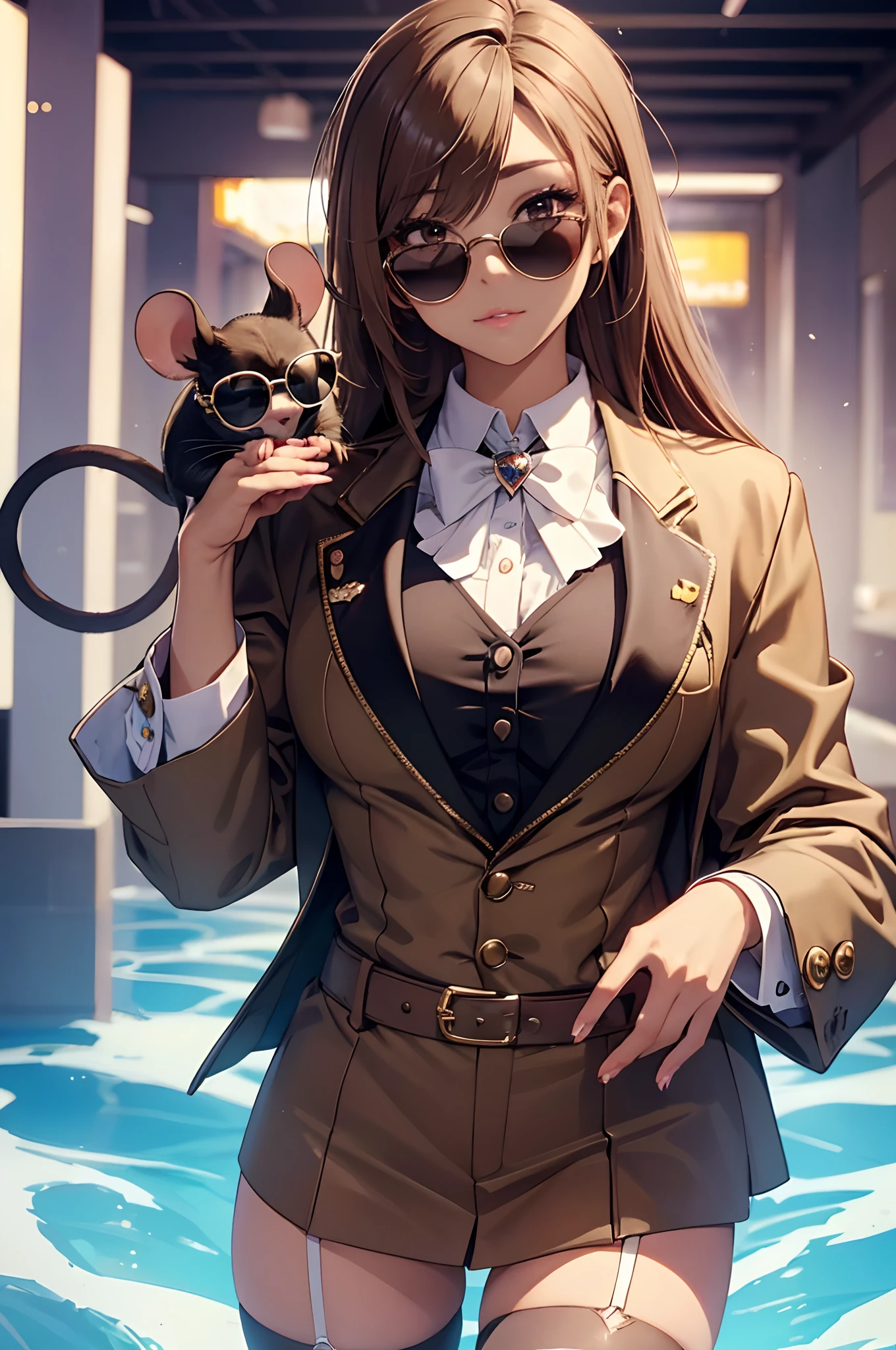 (A rat in a tuxedo and sunglasses is riding on the girl's shoulder)、BREAK,Ganguro,Kogal,Japanese - Gal, Chocolate Brown Skin,False eyelashes,gal make