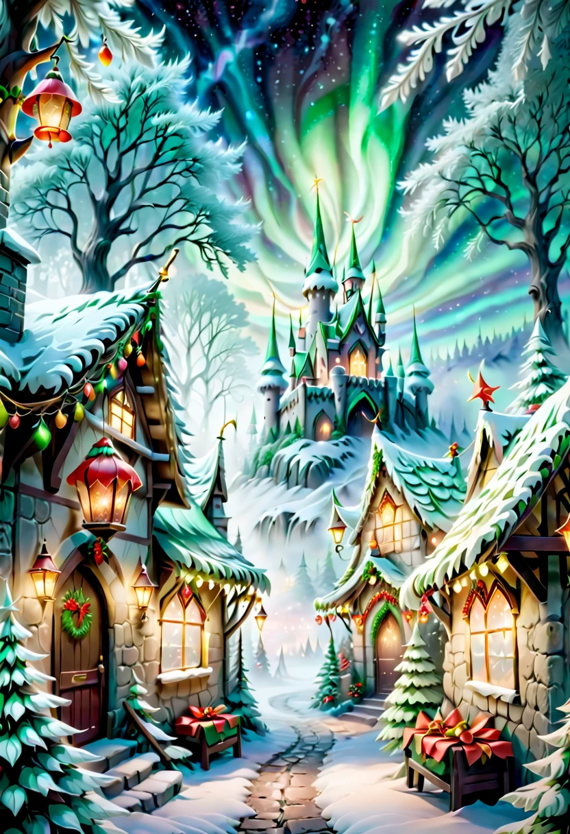 When I close my eyes,Recall that mysterious fairy tale world,I saw a beautiful view of the rime。In this world,The earth was shrouded in a thin layer of mist,It's as if it's a veil of mystery over the whole world。Elements of Christmas float in the white mist,Like flashing lights、Red flannel and bright stars,It creates an atmosphere of joy and mystery。 In the midst of this rime,The trees are covered in frost,It seems to be the abode of elves in a winter wonderland。Each tree is adorned with colorful Christmas lights,Illuminates the entire rime world,Make it full of warmth and blessings。The branches are covered with red and green flannel ornaments,It's like a gift left by the elves,Make this forest more vibrant。 Looming in the fog is a magnificent Christmas castle,Its spire is dotted with sparkling stars,The whole castle exudes an air of mystery and joy。The interior of the castle is decorated with a variety of festive decorations,Gorgeous hangings、Colorful garlands and sparkling lights complement each other,It gives a captivating visual experience。 Follow a trail paved with flannel and Christmas lights,You will find a group of happy elves singing and dancing,They have bright lanterns in their hands,Jumping happily,Create a joyful scene。The elves are dressed in gorgeous festive costumes,A fringed hat is worn on his head,It's like a messenger from a fairy tale world,It has brought endless joy and blessings to this world。 The whole scene is rendered by fog and Christmas elements into a mysterious and joyful picture,Every detail is full of magic and mystery。In this fairytale world,gleeful、Blessings and warmth fill every corner,It's fascinating,Feel like you're in the middle of an eternal Christmas celebration, UHD, masterpiece, ccurate, anatomically correct, super detail, 8k, best quality