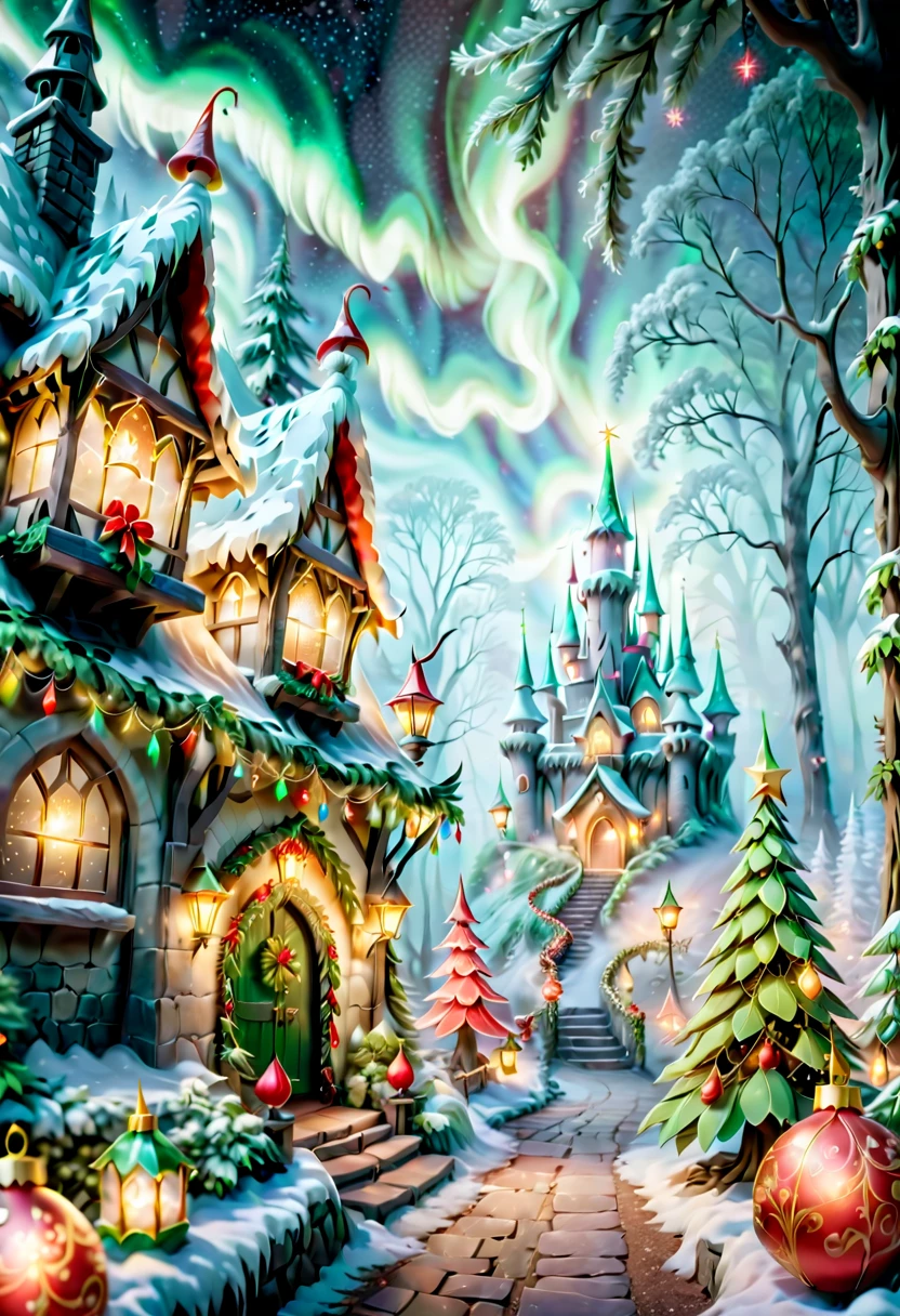 When I close my eyes,Recall that mysterious fairy tale world,I saw a beautiful view of the rime。In this world,The earth was shrouded in a thin layer of mist,It's as if it's a veil of mystery over the whole world。Elements of Christmas float in the white mist,Like flashing lights、Red flannel and bright stars,It creates an atmosphere of joy and mystery。 In the midst of this rime,The trees are covered in frost,It seems to be the abode of elves in a winter wonderland。Each tree is adorned with colorful Christmas lights,Illuminates the entire rime world,Make it full of warmth and blessings。The branches are covered with red and green flannel ornaments,It's like a gift left by the elves,Make this forest more vibrant。 Looming in the fog is a magnificent Christmas castle,Its spire is dotted with sparkling stars,The whole castle exudes an air of mystery and joy。The interior of the castle is decorated with a variety of festive decorations,Gorgeous hangings、Colorful garlands and sparkling lights complement each other,It gives a captivating visual experience。 Follow a trail paved with flannel and Christmas lights,You will find a group of happy elves singing and dancing,They have bright lanterns in their hands,Jumping happily,Create a joyful scene。The elves are dressed in gorgeous festive costumes,A fringed hat is worn on his head,It's like a messenger from a fairy tale world,It has brought endless joy and blessings to this world。 The whole scene is rendered by fog and Christmas elements into a mysterious and joyful picture,Every detail is full of magic and mystery。In this fairytale world,gleeful、Blessings and warmth fill every corner,It's fascinating,Feel like you're in the middle of an eternal Christmas celebration, UHD, masterpiece, ccurate, anatomically correct, super detail, 8k, best quality