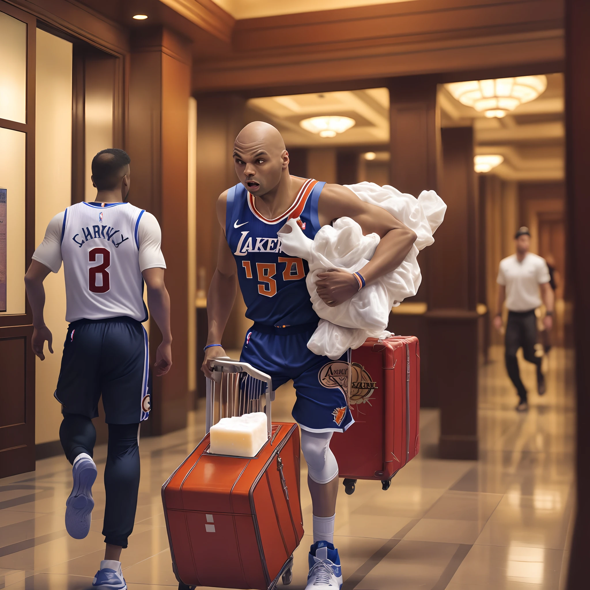 NBA player Charles Barkley running hurriedly out of an ornate hotel lobby with several bundles of travel-sized hotel soaps carried under his arms
