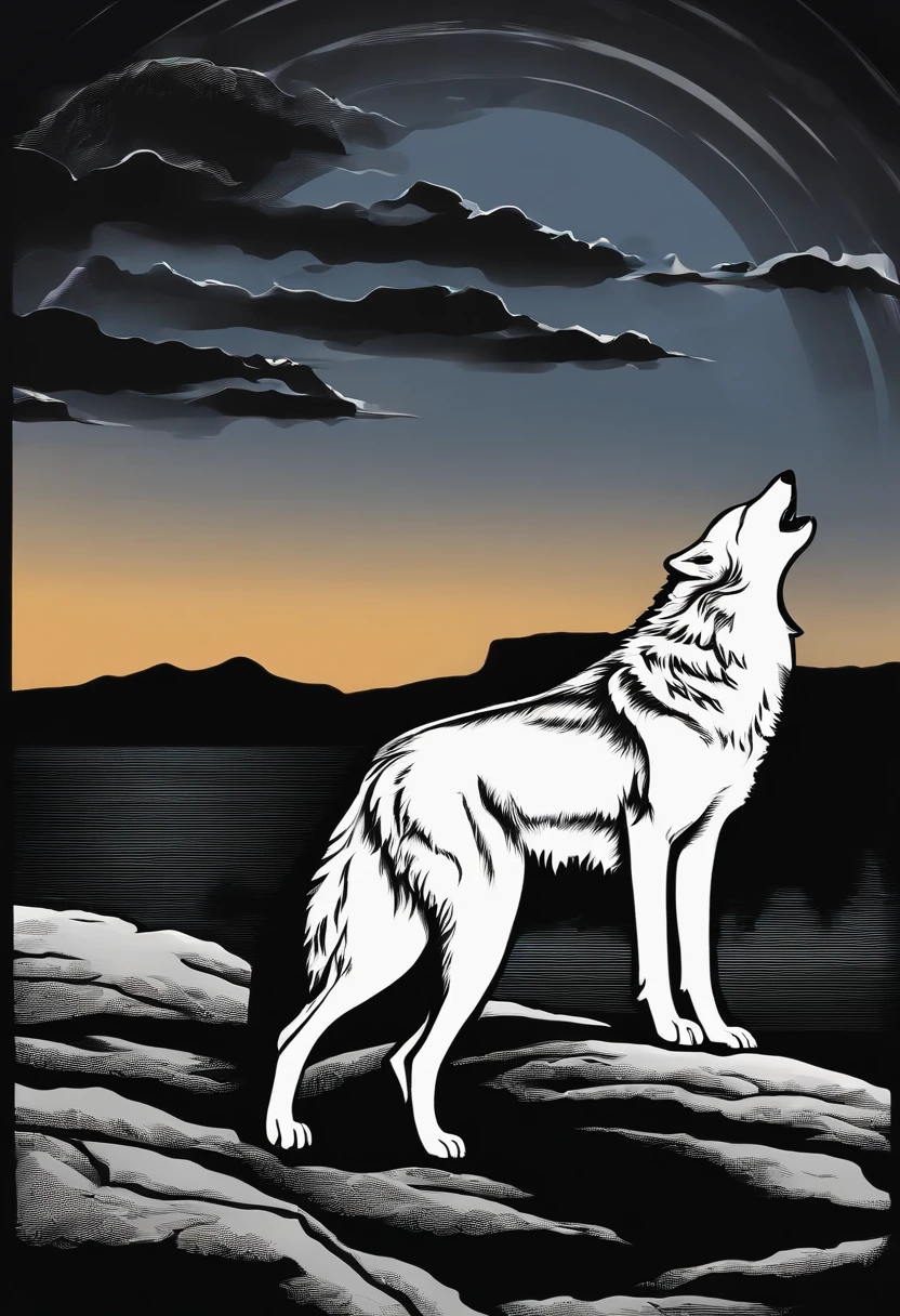 White silhouette design of a single wolf,Silhouette on the edge of a cliff,Wolf howl:1.5,black backgrounds,Beautiful Silhouette,biologically correct