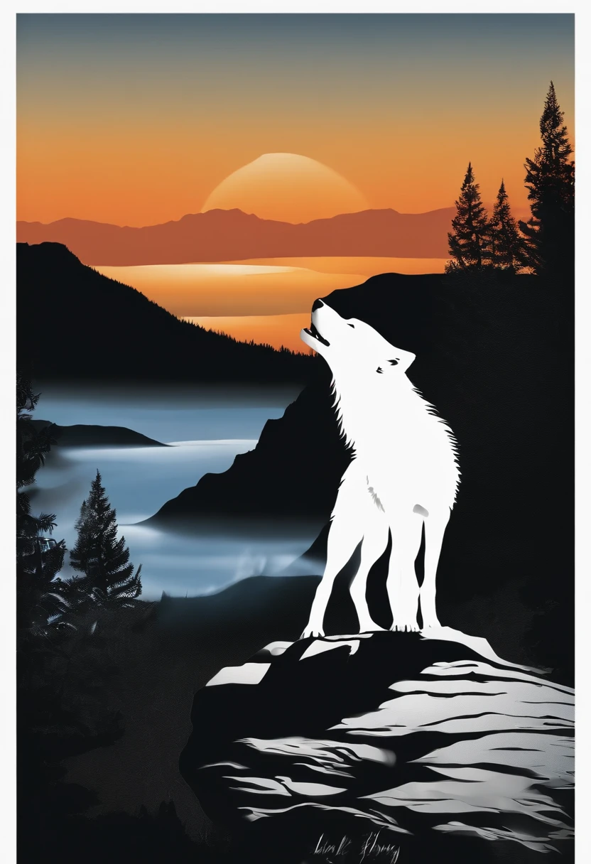 White silhouette design of a single wolf,Silhouette on the edge of a cliff,Wolf howl:1.5,black backgrounds,Beautiful Silhouette,biologically correct