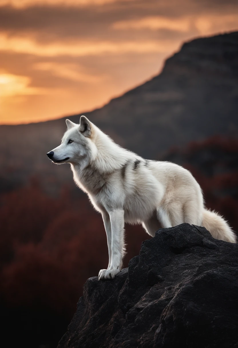 a man is on top of a mountain looking at a large monster wolf with red mists in his feathers