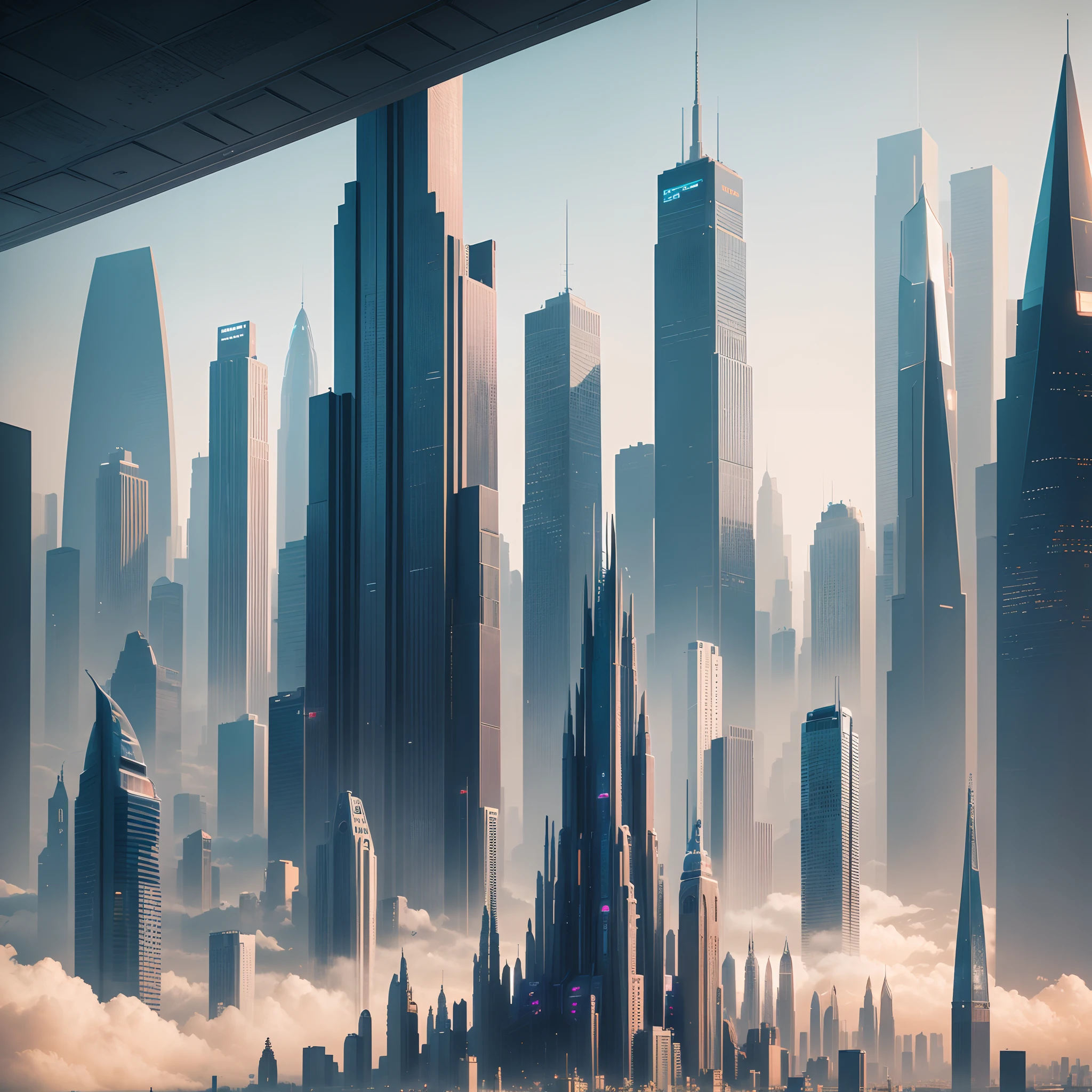 Futuristic skyline with skyscrapers,60 times the height of the building,mont,cyberpunked,Best Quality,epcot,masterpiece,Megacities,Buildings of overwhelming height,A building far beyond the imagination of mankind,超A high resolution,SFart by