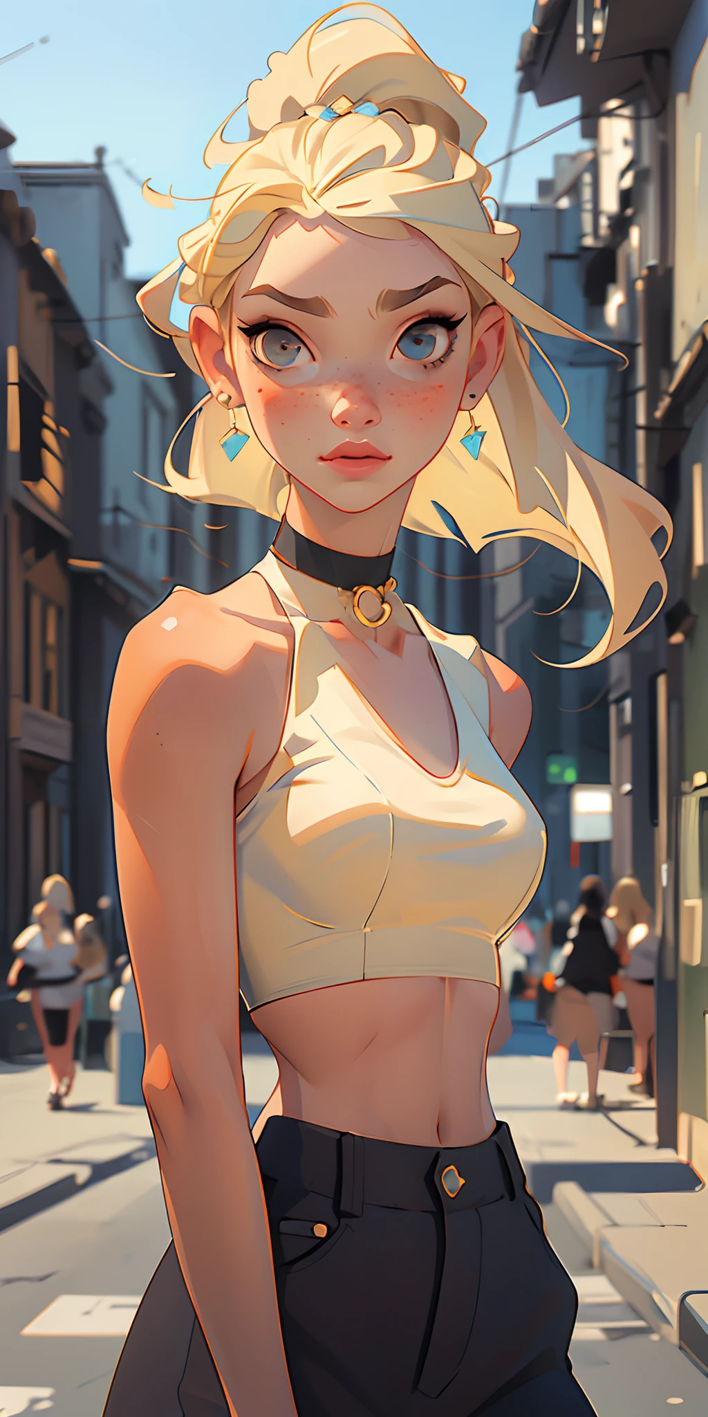 (masterpiece, best quality), 1girl, blonde, freckles, crop top, choker, looking at viewer, upper body, blurry, earrings, street,