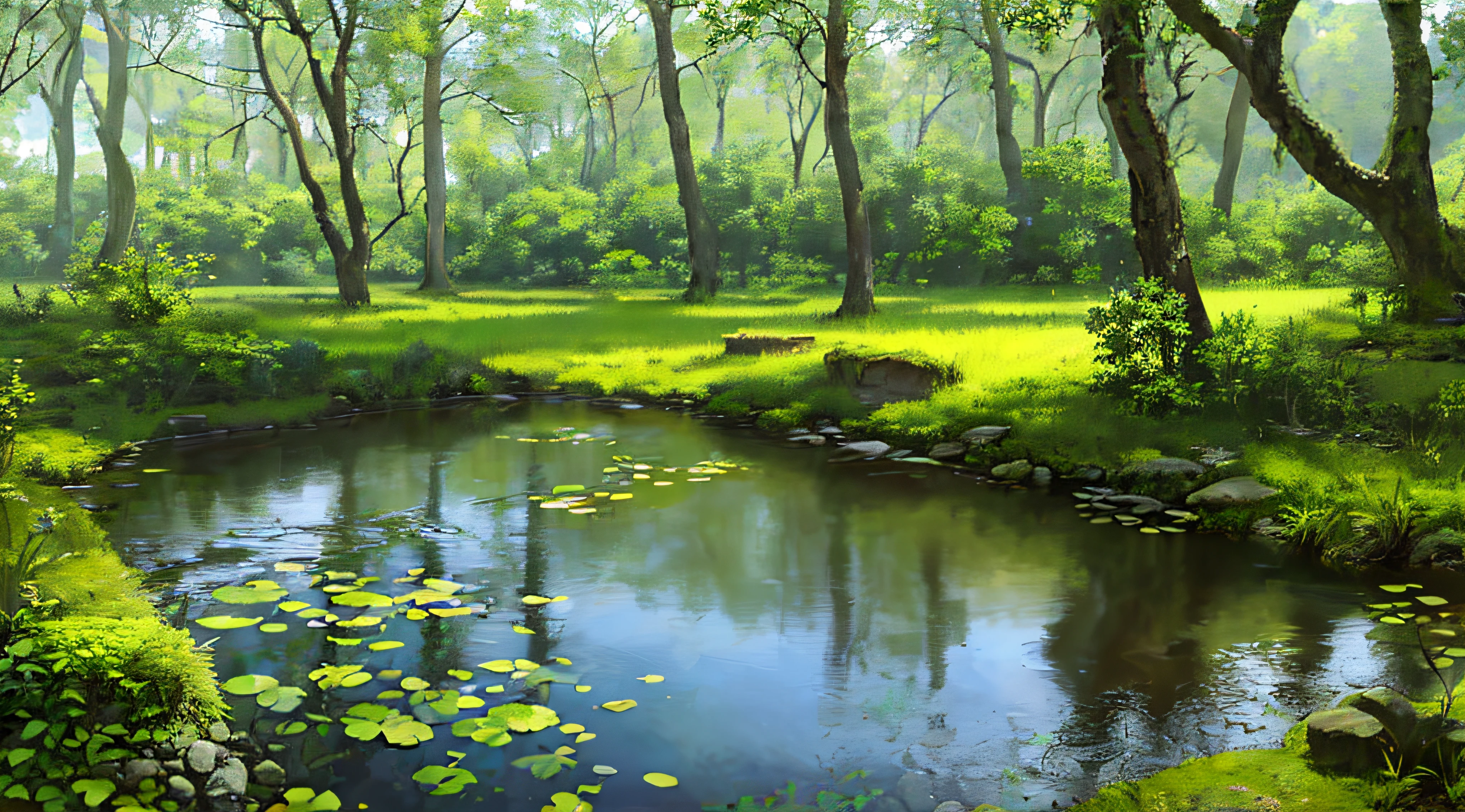 (best quality)), (photos without people), in the forest, frogs, quiet pond, wildflowers by the water, creek, stones, moss,