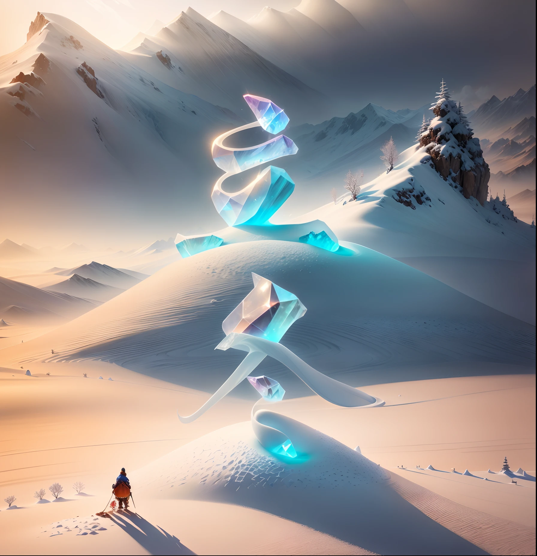 Space Magic Week， Magic concept art highlights，Ancient Chinese landscapes，snow mountains，snowy peak，mountain ranges，Winters，snowflower，Snow and ice cover，Ice Lake，Cold，branches，Bleak，fog atmosphere，blue-sky，baiyun，Rime，winter，north wind，Icicles，snow landscape，holly，Pine，Ice，Frozen soil，Chill，ice - carving，（Very detailed CG unity 8K wallpaper），most beautiful artwork in the world，Professional majestic oil painting，iintricate，high detal，sharp fokus，dramatics，Realistic painting art，Romantic landscape style, canon eos 5d mark iv, Sunny impressionism, sparkling water reflections, high-quality photo, stockphoto，a digital dreamscape， Fantastic fantasy 3D concept art， stunning concept art ，Warm pigments，((crystal-clear))，Bright colors，Bright light，Extreme refinement，(tmasterpiece)，super detailing，Epic composition，hyper HD，high qulity，offcial art，32K