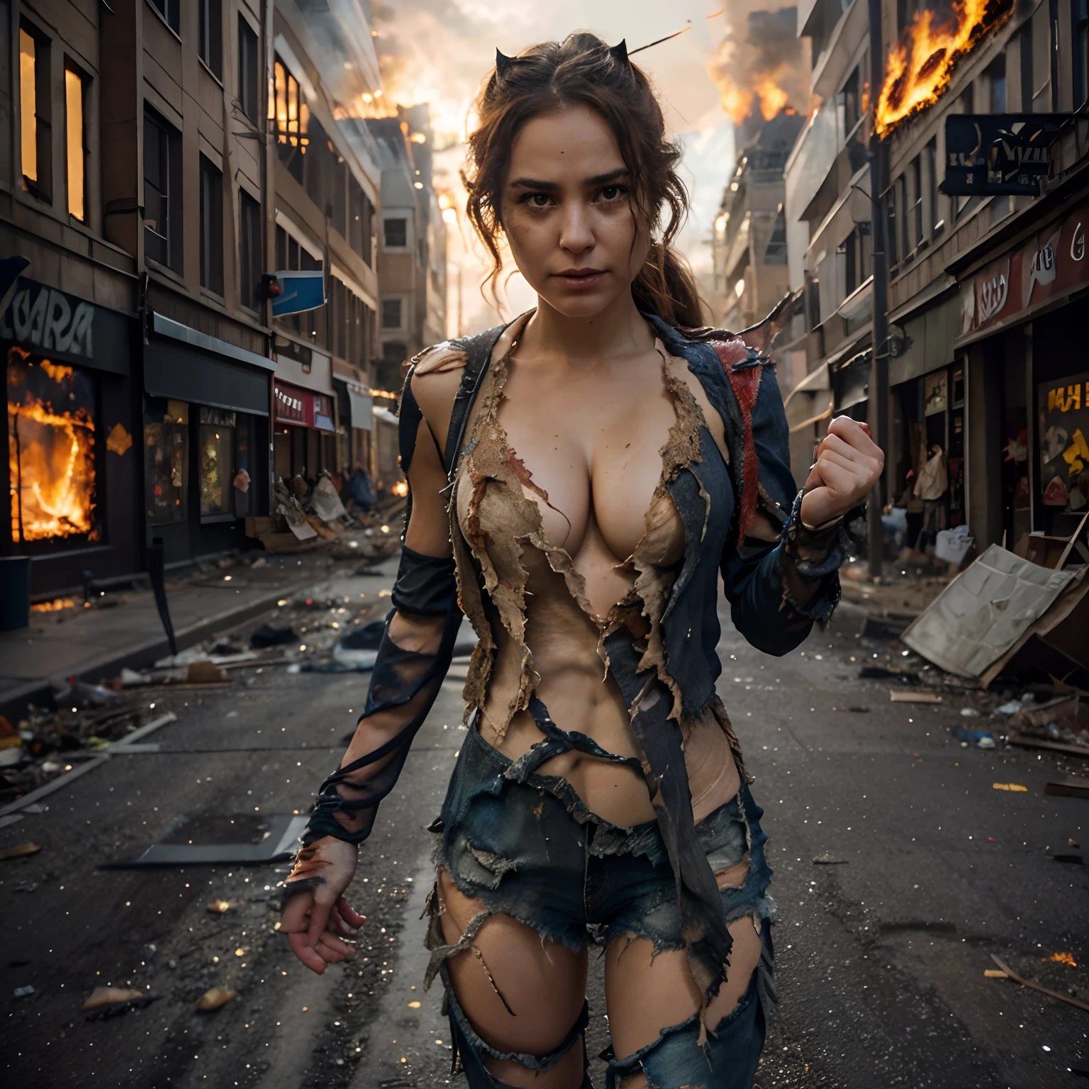 Hyper realistic, 1woman, Beautiful 30 year old woman wearing a skimpy scandalous spider-girl costume, full-body portrait, spider-girl, heroic expression, sexy, brown hair, light hazel eyes, spider-girl boots, costume looks like its been destroyed as if in battle, nearly naked, torn costume, costume is in tatters with lots of holes and tears in it, lots of skin showing, lots of cleavage visible, cleavage, torn clothes, background is post-apocalyptic metropolis, nsfw, high quality, lots of holes in spider-girl top, lots of holes in spider-girl bottom, mostly naked, (Torn Clothes:1.8), (Burned Clothes:1.5), DSLR, hyper realistic photography