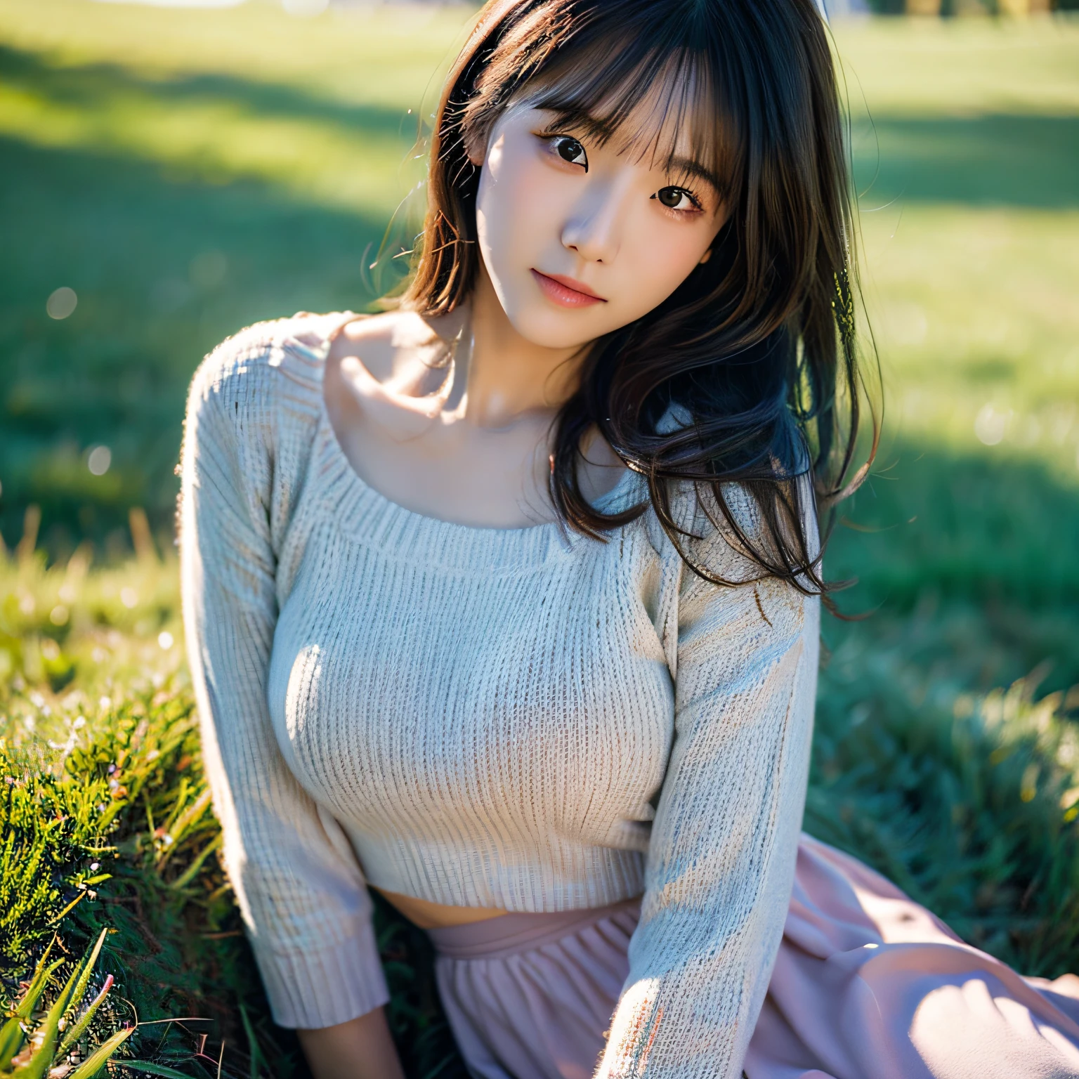 (Photoreal: 1.4), (Hyper-realistic: 1.4), (Realistic: 1.3), (Smooth lighting: 1.05), (Improved cinematic lighting: 0.9), 32K, depth of field, out of focus background, 20-year-old, 1 girl, asian, long skirt, medium breasts, loose sweater, australian park background, laying on a grass hill,