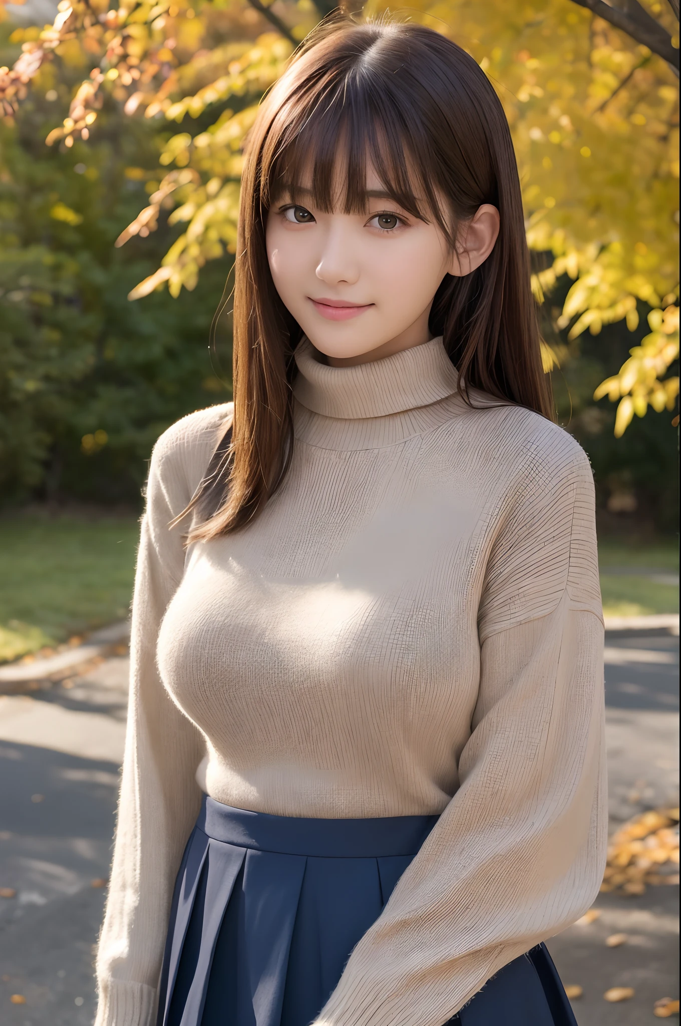 masutepiece、Best Quality、 ultra-detailliert、hight resolution、8K Wallpapers、Perfect dynamic composition,、Beautiful detailed eyes、(Beautiful Large Breasts:1.4)、masutepiece,Best Quality,Ultra-detailed,finely detail,hight resolution,in 8K,((Photorealsitic:1.4,Raw photography,超A high resolution,Top image quality:1.4))、ish girl、High school students、18year old、A slender、a small face、A smile、Brown hair、The long-haired、Pattsun bangs、straight haired、Light brown long-sleeved knit with small turtleneck、Compact shoulder bag、long red skirt、Tree-lined avenue of autumn leaves、