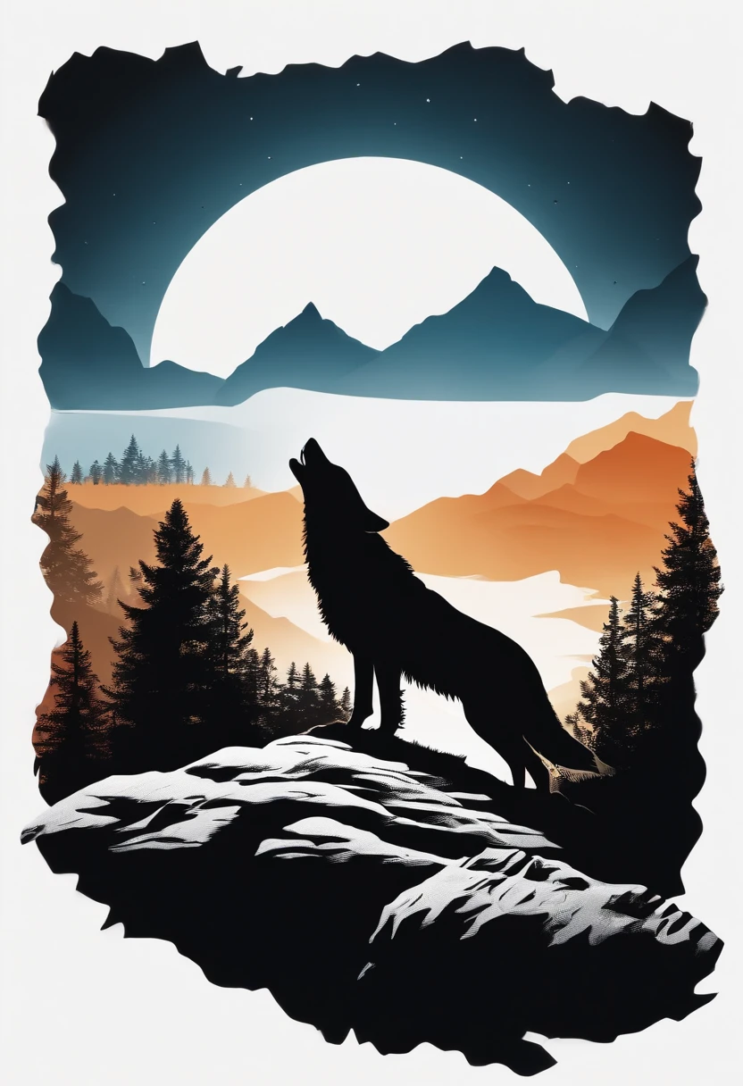 White silhouette design of a single wolf,Silhouette on the edge of a cliff,Wolf howl:1.5,black backgrounds,Beautiful Silhouette,biologically correct