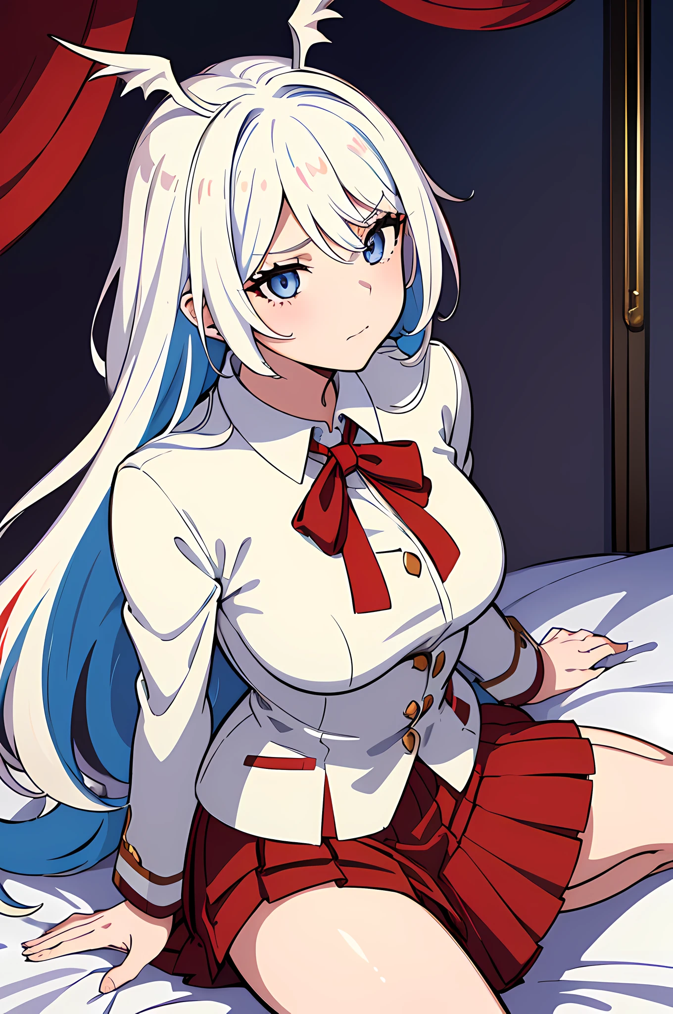 (1girl in, with batwings on head),(beautiful eyes finely detailed, Face to detail, red and white hair color, multi colored hair), oldschool magical student uniform, long skirt, sitting on bed arms behind back, tsundere facial expression, camera angle from top, full body, masterpiece sidelighting, ​masterpiece, top-quality, detailed, High resolution illustration