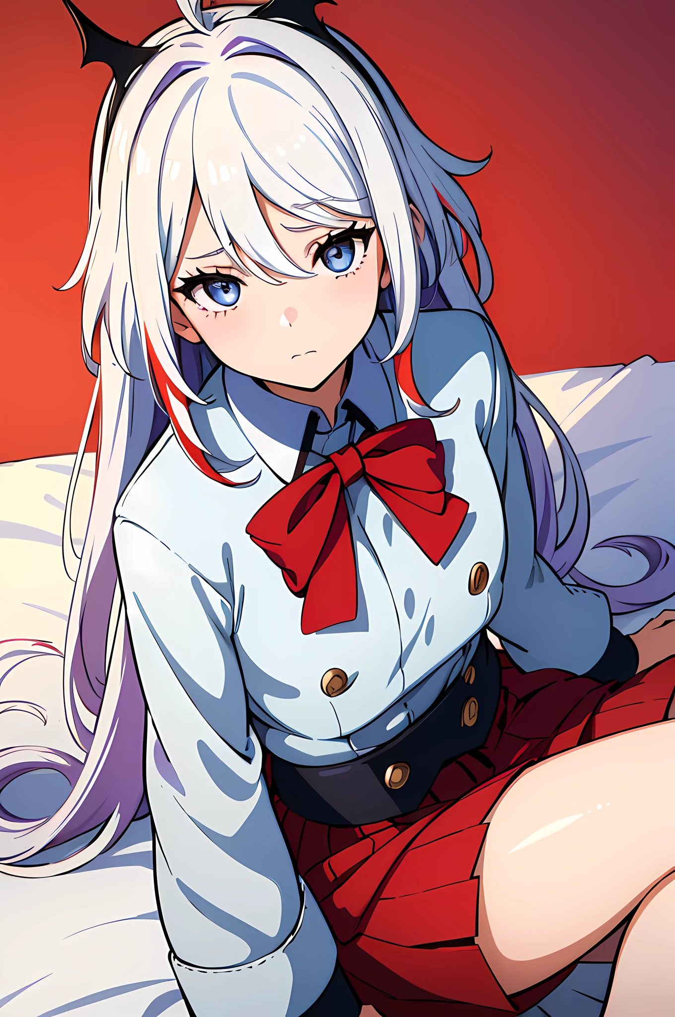 (1girl in, with batwings on head),(beautiful eyes finely detailed, Face to detail, red and white hair color, multi colored hair), oldschool magical student uniform, long skirt, sitting on bed arms behind back, tsundere facial expression, camera angle from top, full body, masterpiece sidelighting, ​masterpiece, top-quality, detailed, High resolution illustration