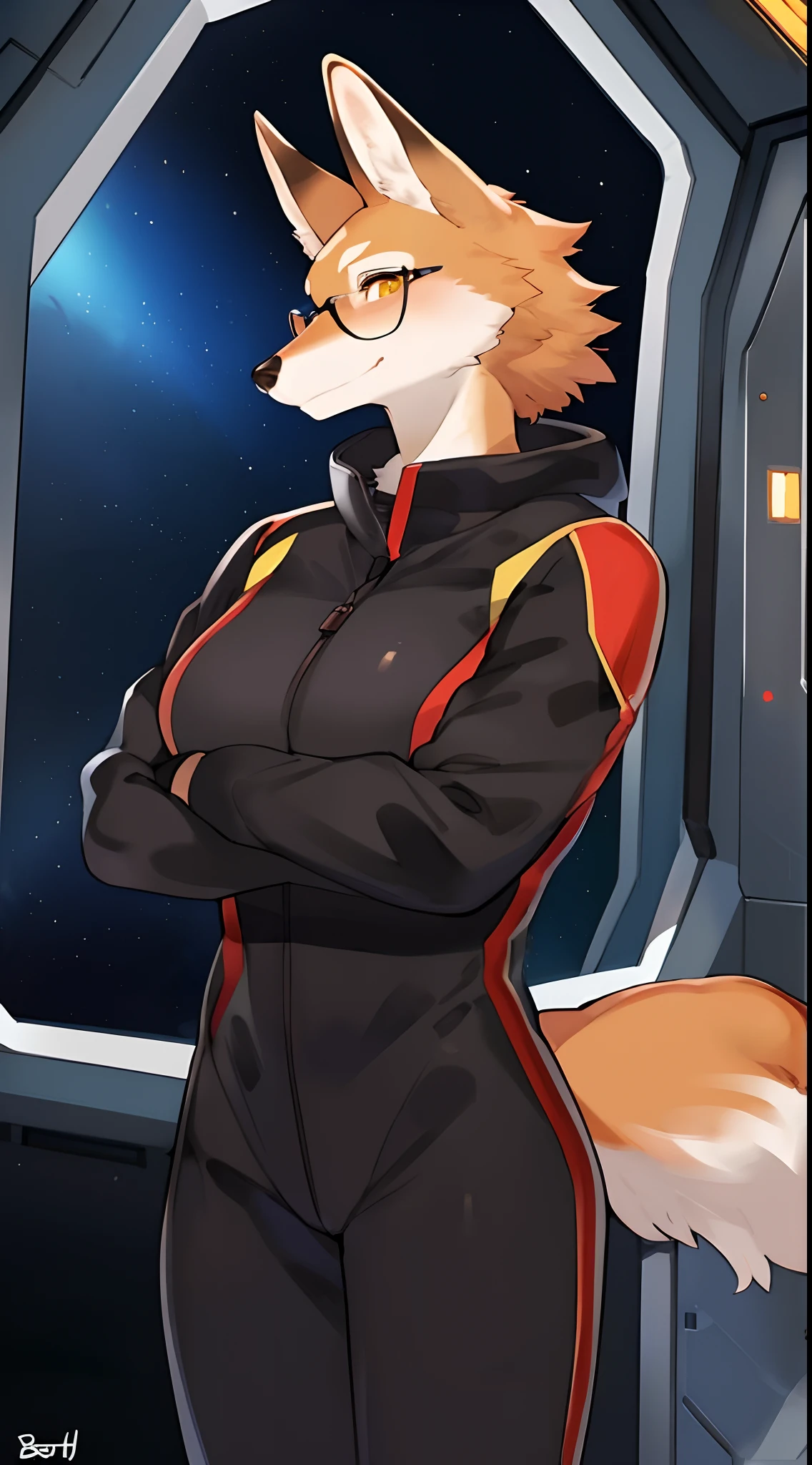Solo, female, short, mature, canine, maned wolf, badass, cool, snout, short snout, confident expression, arms crossed, short hair, brown hair, glasses, yellow eyes, detailed eyes, detailed hands, dark red-orange fur, medium breasts, black and dark red spacesuit, black and dark red jumpsuit, window, space, spaceship, standing, grey tail, by buta99, by bebebebebe, by sindoll, by cervina7, by kishibe, athletic, lean, muscular, patternless fur, no fur pattern, plain fur