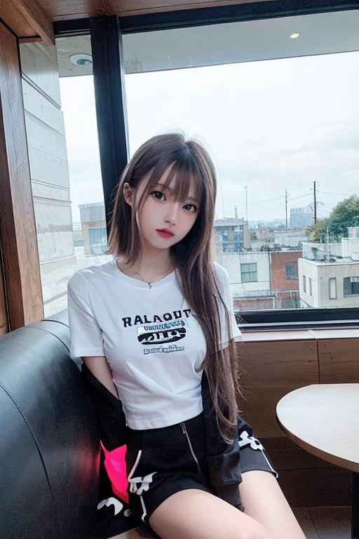 ((top-quality、8k、masterpiece:1.3))、Beautiful woman with perfect body:1.4、slim abdomen:1.2、Longhair, large breast, Highly detailed facial and skin texture, A detailed eye, delicate eyes, double eyelid, Heavy bangs, (jirai type fashion、jirai type makeup, Jirai Type Girl), Sparkling under-eye bags、red glitter eye makeup, (full body shot), ((in the car)), (sitting in the car), (((wearing white t-shirt with jacket)), looking in front
