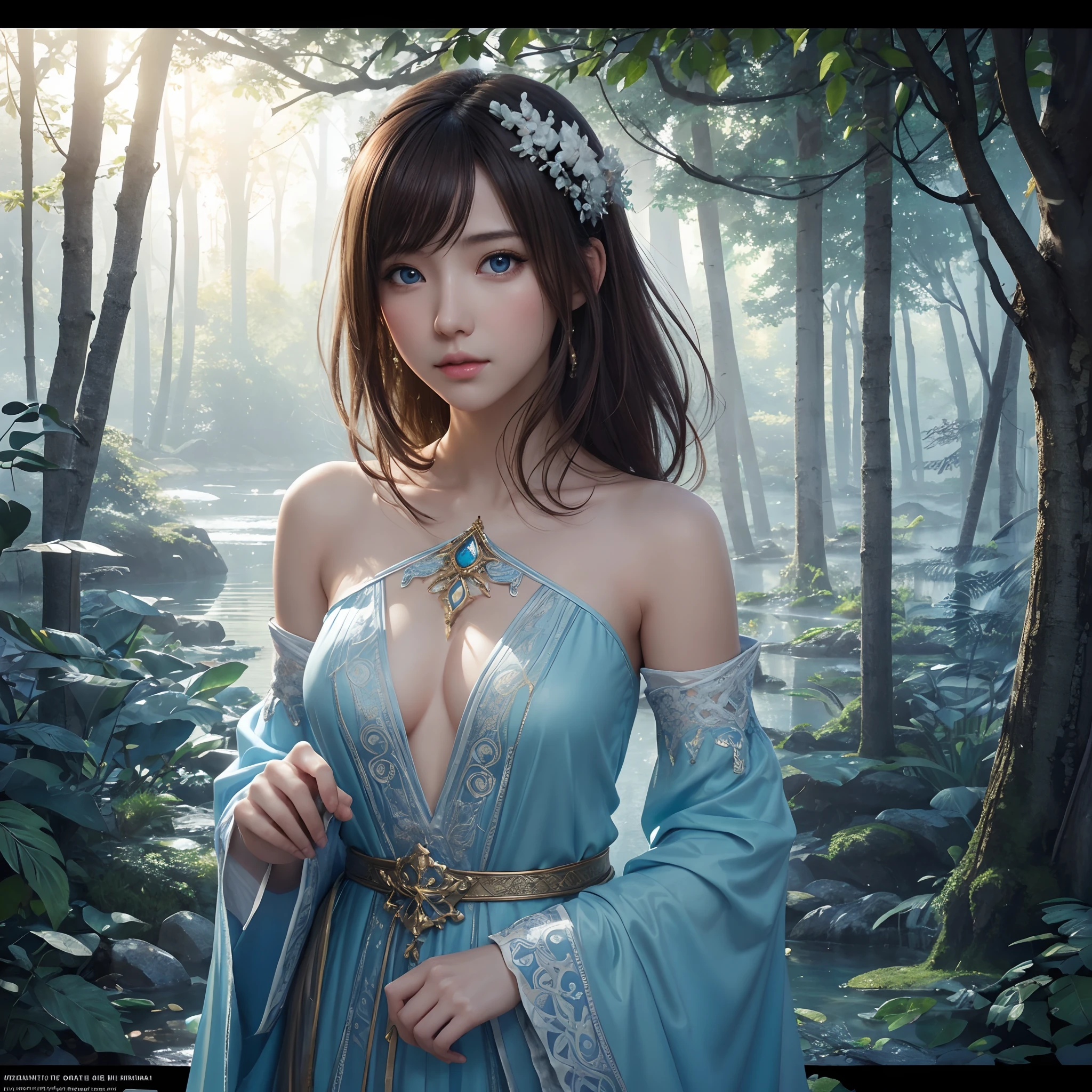 hightquality、8K Ultra HD、fullllbody、-yeld wo、Diagonal direction、robe blanche、light brown hair、Blue eyes、(In the background is a lovely healing forest and a waterside)、cute little、Beautiful fece、portlate、Antique architecture、Peaceful Forest Harp、art by:Alberto Seveso、Symmetrical、Abstract art style、Complex and intricate watercolor painting 、digitial painting、concept-art、Volumetric lighting、TanvirTamim、metal reflective、2d render、8K。 by artgerm、Trending on ArtStation