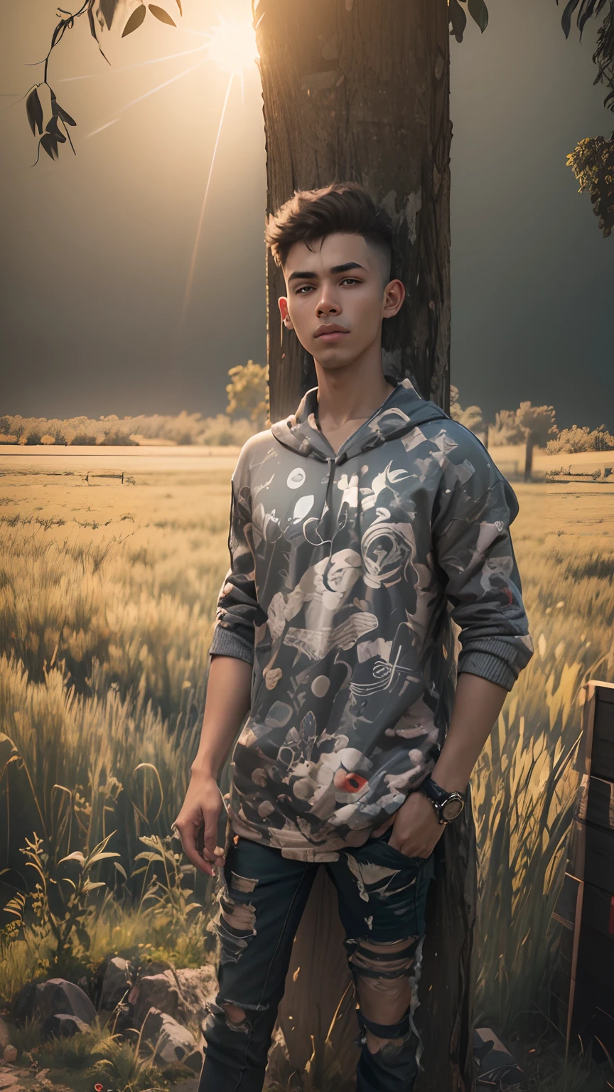 Young Man wearing a Graphic Hoodie, Facing the camera, Cartoon style, 8k. Dark gray background