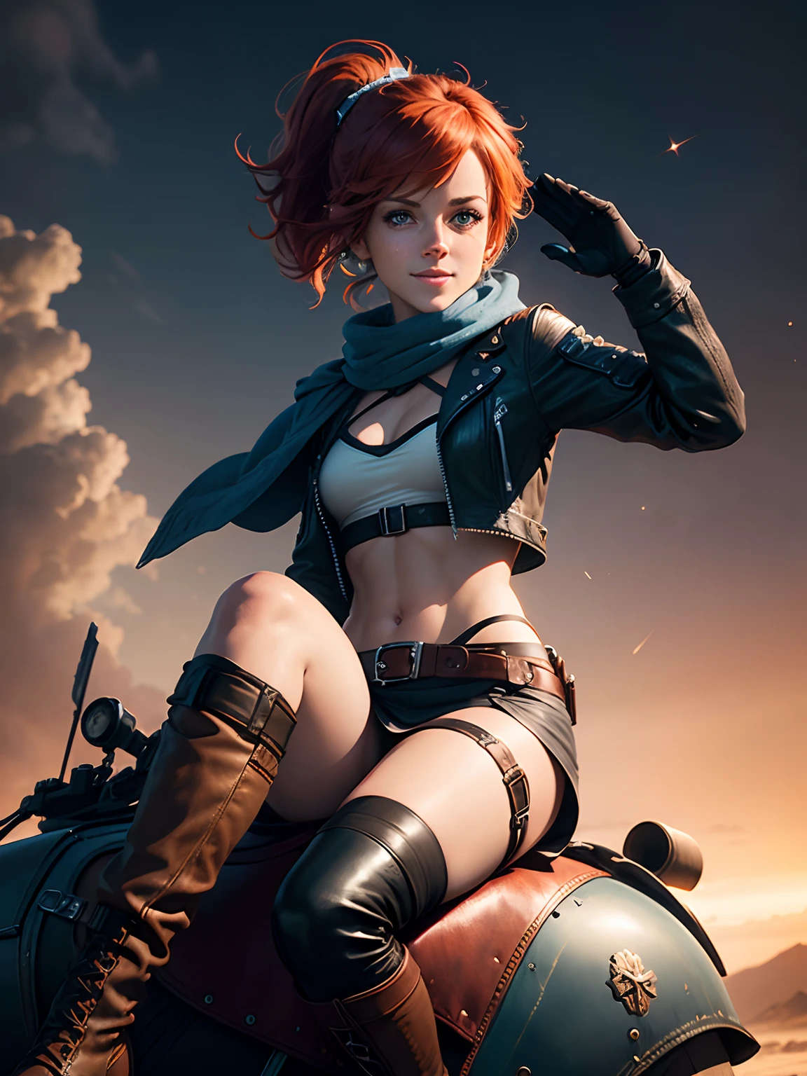 Lindsey Stirling, dramatic lighting, chiaroscuro, full figure, red hair in ponytail, blue eyes, freckles, cheerful smile, naked under a fleece-lined leather flying jacket, antique goggles, gloves, keffiyeh, small breasts, cameltoe, smooth legs, wet skin, knee length boots, flying like a superhero, riding on rocket, sitting on missile, floating in space, saluting with right hand, left knee bent, distant nebula, black space, bright stars