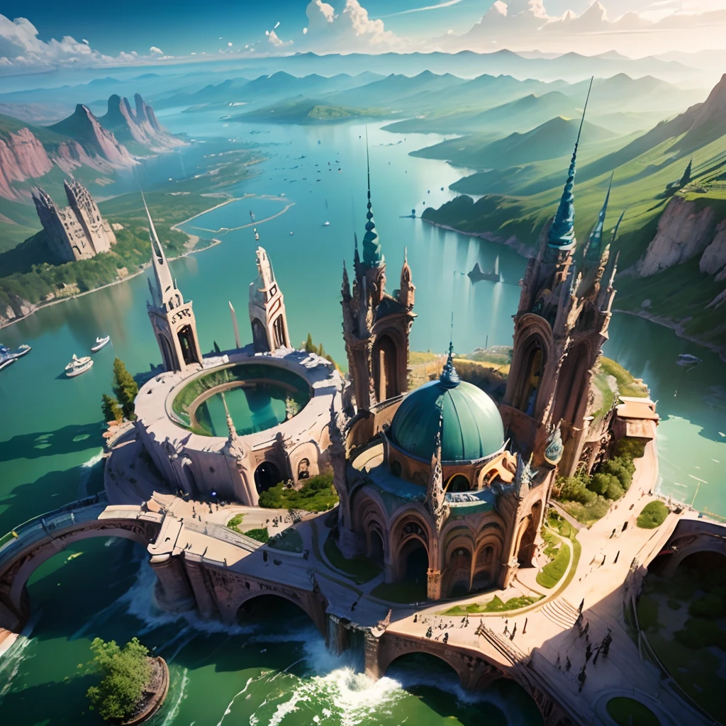 Otherworldly architecture, Aerial view of a city of buildings stacked on huge towers and rings with many arches and bridges and flowering terraces, trees, waterfalls, bridges, staircases, dams, colourful vegetation, sci-fi futuristic buildings, waterfalls, many boats and ships --auto --s2