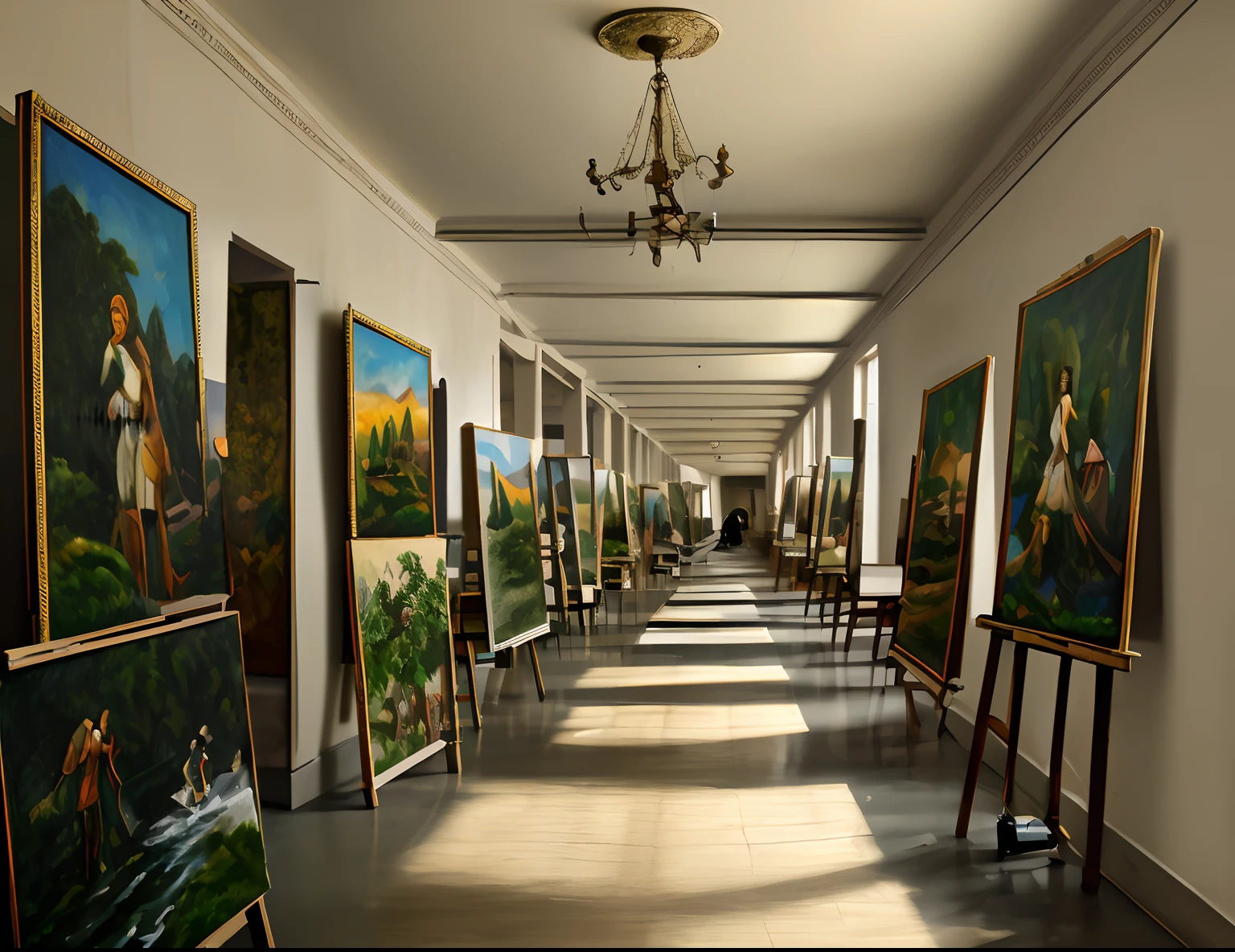 Extra-long corridors,Packed with oil paintings on the easel