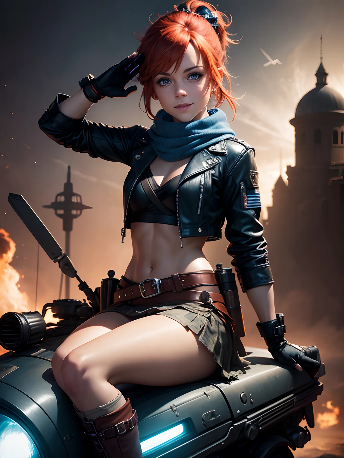 Lindsey Stirling, dramatic lighting, chiaroscuro, full figure, red hair tied in long ponytail, sparkling blue eyes, freckles, cheerful smile, laughing, sitting astride a missile, realistic spacesuit showing cleavage, antique goggles, gloves, brightly coloured keffiyeh, very small breasts, wet skin, riding side-saddle on a large missile, saluting with right hand, knees apart, distant nebulae, empty black space, bright stars