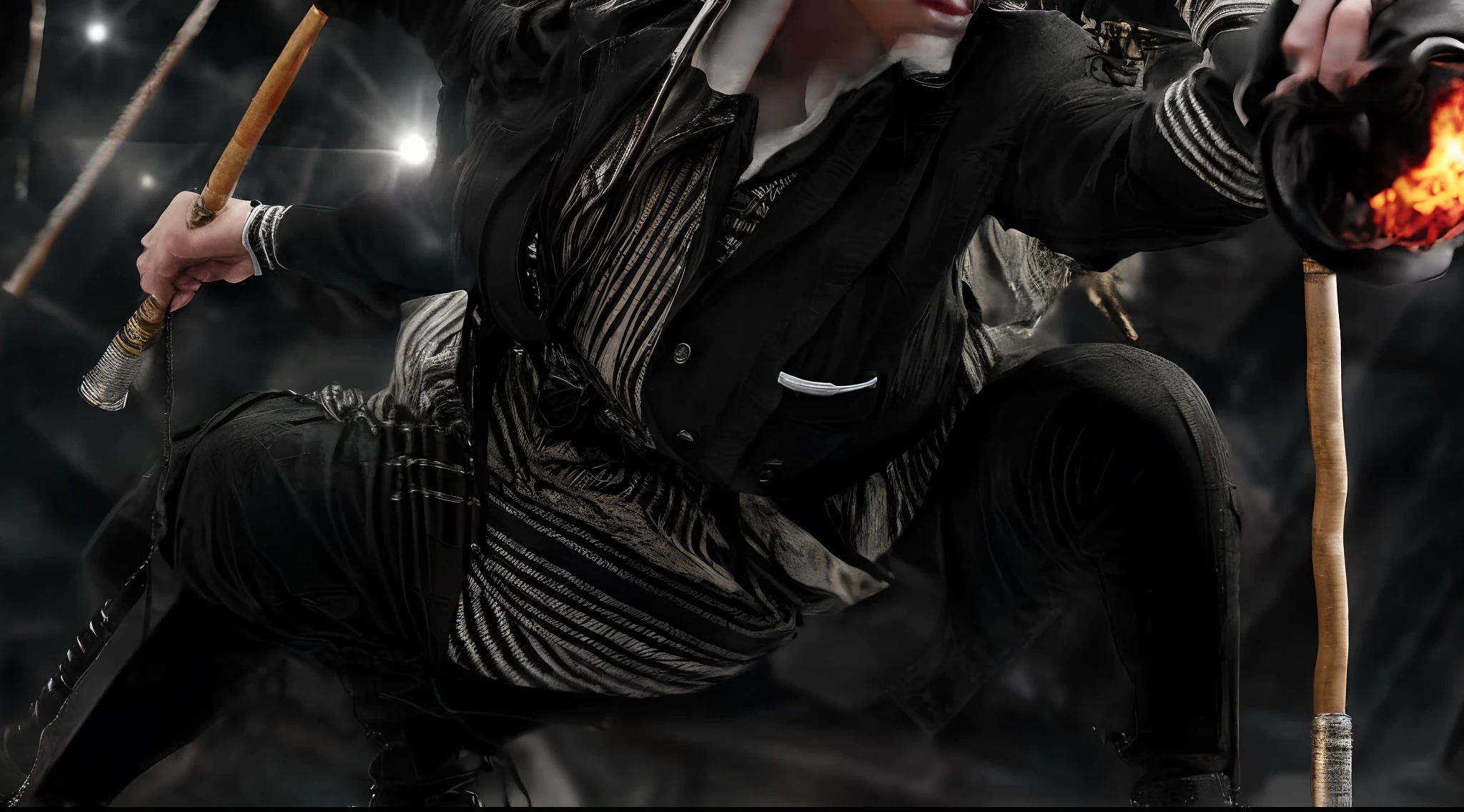 Girl with cane as weapon in dynamic pose