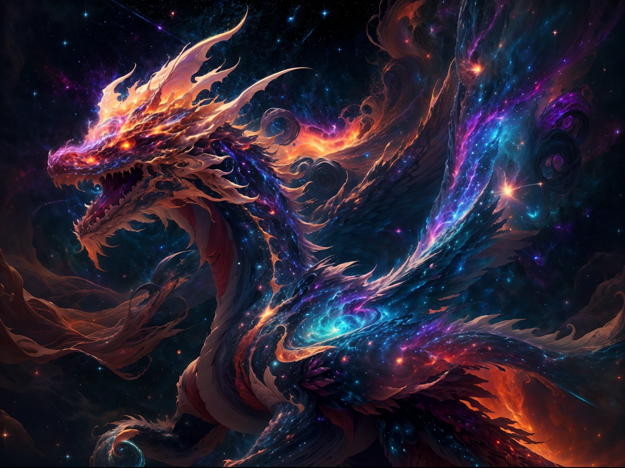 (best quality,4k,8k,highres,masterpiece:1.2),ultra-detailed,(realistic,photorealistic,photo-realistic:1.37),cosmic chaos dragon,soaring,universe,cosmic fire,radiant scales,intricate details,star-filled background,majestic presence,interstellar colors,mysterious glow,imposing wings,huge body,celestial energy,powerful movements,dynamic composition,dark matter,ethereal beauty,vibrant cosmic energy,otherworldly creature,supernatural power,cosmic enchantment,intense gaze,scales reflecting starlight,majestic presence,awe-inspiring,cosmic spiral,cosmic dust trails,colorful nebulae,cosmic storms,cosmic elements,intense dynamics,dramatic lighting,celestial grandeur,limitless space,eternal cosmic realm,cosmic vibrations,cosmic power
