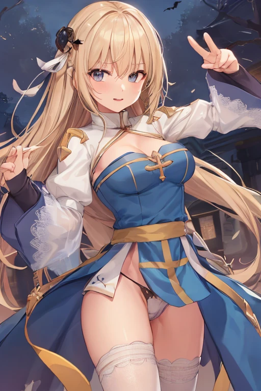 Texture CG, ((ultra-detailliert)), ((masutepiece)), (extremely details CG), 1girl in, Solo, Fantasy, blond Long Hair, (((White Puff Sleeves))), Ragnarokács, Pointing Pose:1.5, both hands in front, ((Halloween Party)), Lori, , Loli face, Curve, Beautiful detailed eyes, gleaming skin, with eyes half-closed, blank eye, Cross-eyed:1.5, Blue eyes, lightsmile, embarrassed:1.4, , white thigh highs, Gold Sash, Cowboy Shot, Huge breasts,Breasts out, hair between eye, White blue dress from neck to chest, Standing, pelvis curtain, (from the front side:1.5), cleavage cutout, Long blue skirt with slit, (Bule Wide Sleeve), ((Blue Dress Short Front)), Torn clothes,  Spread legs,Cross, plein air, Cemetery at night,Thong Panties,micro thong ,C-string T-back,Show off panties,White thong,Very thin panties,Very sheer panties,pantyshot,From below,