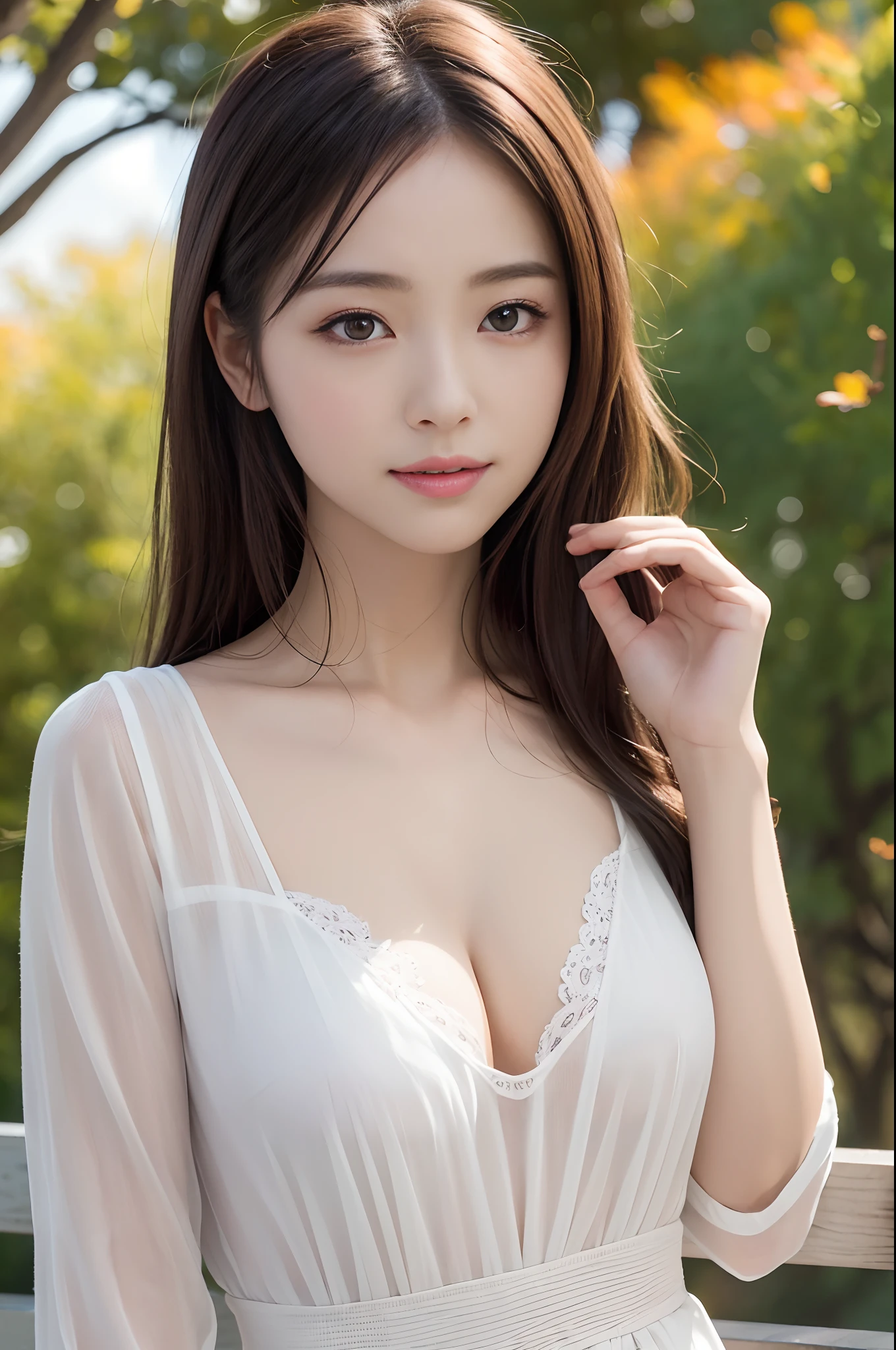 ((masterpiece、in 8K、RAW Photos、best qualtiy、A hyper-realistic:1.2))、(realisticlying、photos realistic:1.2)、beautiful Girl、独奏、face perfect、delicate and beautiful face、Eyes and faces with detailed 、(Autumn outfit:1.2)、(full bodyesbian:1.2)、A smile、Beautiful lighting、Textured skin、Super Detail、high detailing、High quality、hight resolution、Detailed mouth、Opening Mouth、bangss、full body Esbian、longshot、 vivid、A lot of cosmos