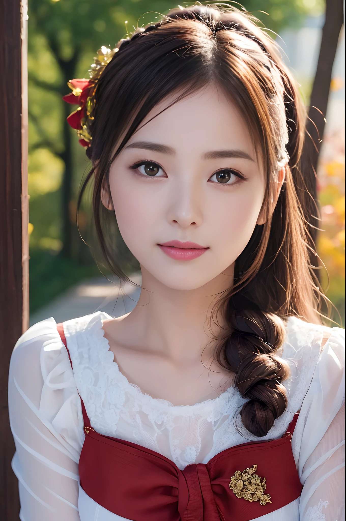 ((​masterpiece、in 8K、RAW Photos、best qualtiy、A hyper-realistic：1.2))、(realisticlying、photos realistic：1.2)、beautiful  Girl、独奏、face perfect、delicate and beautiful face、Eyes and faces with detailed 、(Autumn outfit:1.2)、(full bodyesbian:1.2)、A smile、Beautiful lighting、Textured skin、Super Detail、high detailing、High quality、hight resolution、Detailed mouth、Opening Mouth、bangss、full body Esbian、longshot、 vivid、A lot of cosmos