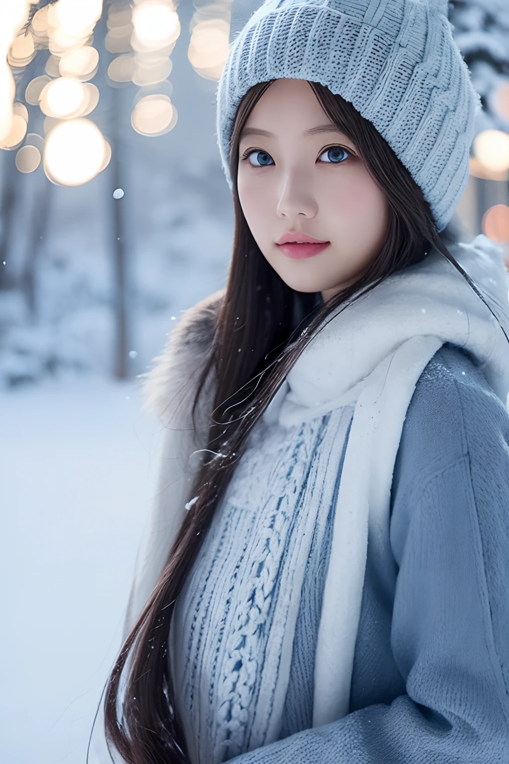 Long grey hair，blue color eyes，Snowflower，Snowflake pattern，Winter clothes，Nomad Costume，snow field，yuki，Snow Garden