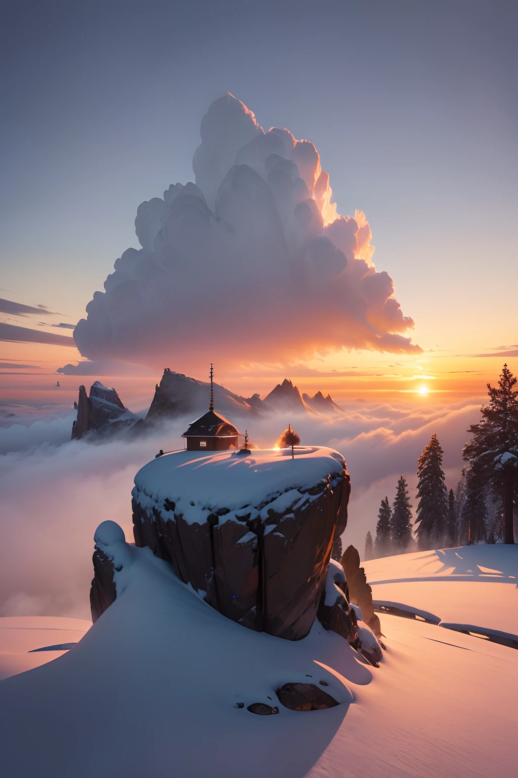 In the cold winter of the national park, rime fog, presents a charming scenery under the illumination of the sunset, with a wide view, panoramic view, exquisite details, masterpieces