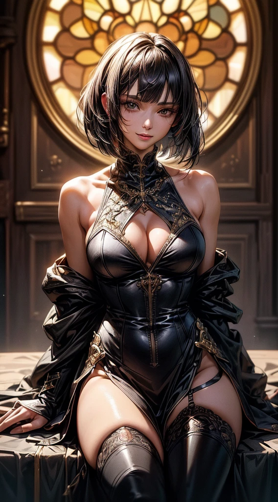 (((8k wallpaper of extremely detailed CG unit, masterpiece, 超A high resolution:1.2, top-quality:1.2, masutepiece, textures and maximum detail))), ((extremely beautiful lady, seductively smiling, Black bob cut hair, sexy dress)), ((The best lighting, extremely detailed beautiful face, Highly detailed black eyes, Very beautiful body, Top quality real texture skins)), (Exposed cleavage, Exposed shoulders and legs), stain glass, hyper realisitic, digitial painting,