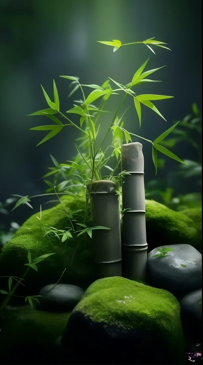 there is a small plant that is growing out of a pile of rocks, made of bamboo, of bamboo, zen natural background, bamboo forest, lush plants and bonsai trees, by Jiang Tingxi, by Ma Yuanyu, beautiful wallpaper, nature wallpaper, amazing wallpaper, greenery growing, in a bamboo forest, beautiful nature, bamboo wood, large plants in the background