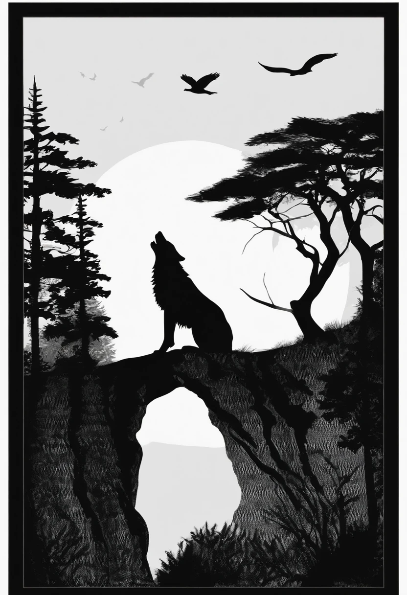 White silhouette design of a single wolf,Silhouette on the edge of a cliff,Wolf howl:1.5,black backgrounds,Beautiful Silhouette,biologically correct