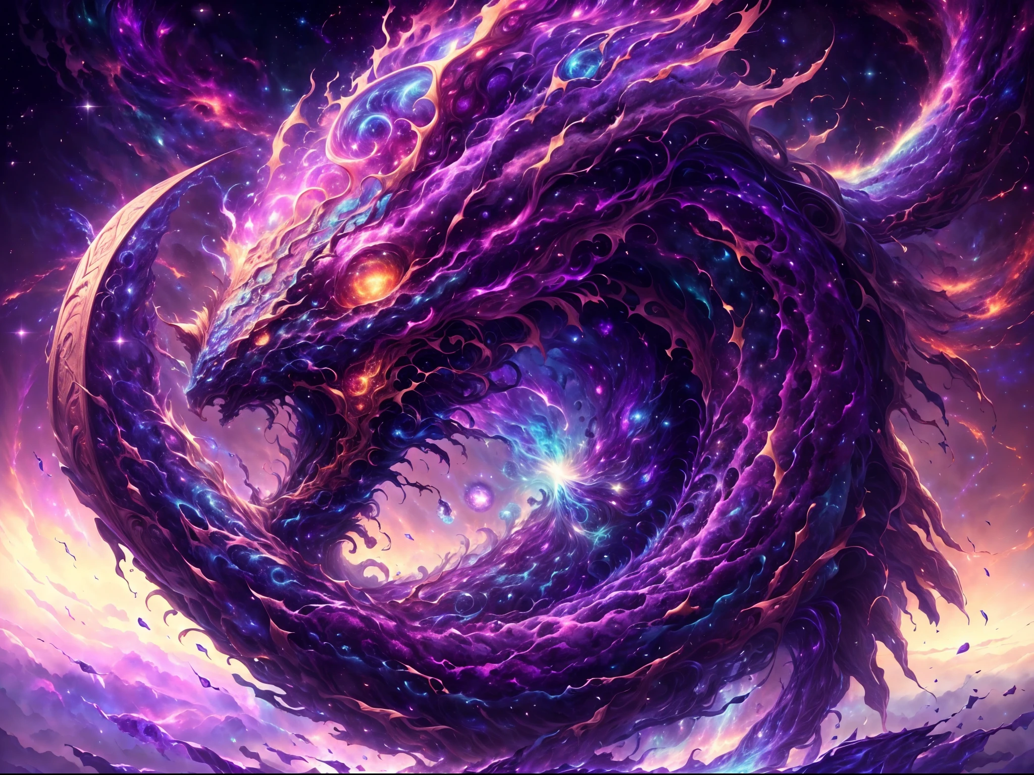 (best quality,4k,8k,highres,masterpiece:1.2),ultra-detailed,(realistic,photorealistic,photo-realistic:1.37),cosmic chaos dragon,soaring,universe,cosmic fire,radiant scales,intricate details,star-filled background,majestic presence,interstellar colors,mysterious glow,imposing wings,huge body,celestial energy,powerful movements,dynamic composition,dark matter,ethereal beauty,vibrant cosmic energy,otherworldly creature,supernatural power,cosmic enchantment,intense gaze,scales reflecting starlight,majestic presence,awe-inspiring,cosmic spiral,cosmic dust trails,colorful nebulae,cosmic storms,cosmic elements,intense dynamics,dramatic lighting,celestial grandeur,limitless space,eternal cosmic realm,cosmic vibrations,cosmic power