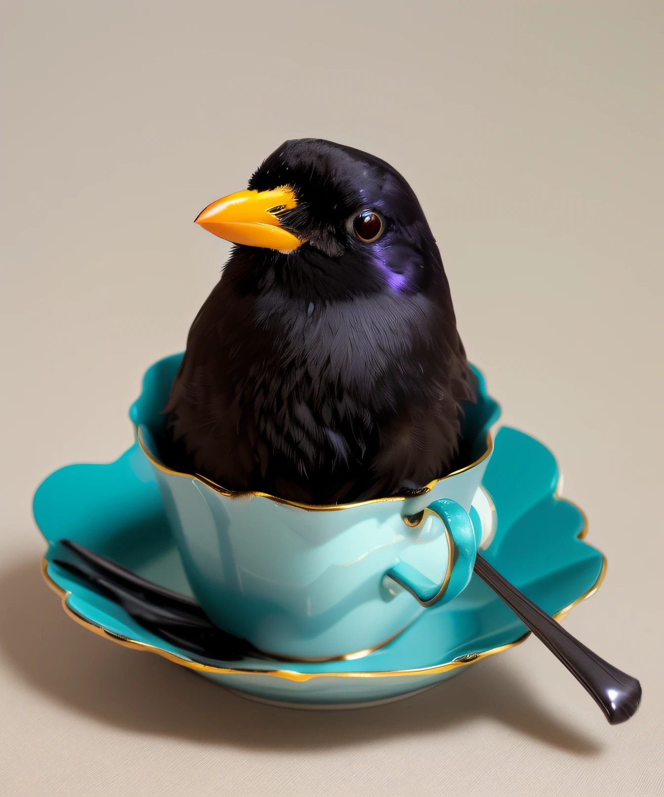There was a blackbird sitting in a teacup with a spoon, potbelly, Robin Ailey, crow, anthropomorphic bird, painting of an undercover cup, Bird's eye, Raven, Raven portrait!!!!!, viewed from bird's-eye, portrait shooting, victoriana, kenku, Bird, black sokkel, pet bird