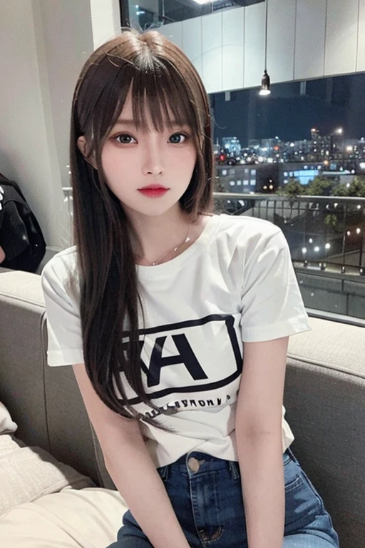 (8K、Raw photography、top-quality、masterpiece:1.2)、(realisitic、Photorealsitic:1.37)、1 girl in、 only、cute little、adolable、(blue eyess)、(Shy smile:0.4)、(独奏)、详细的脸、oval-face、Thin almond eyes、Black hair straight、Hair over one eye、A slender、medium breasts、jaket、White tee shirt、Dramatic Angle、tilt of the head、fluorescent lamp、Inside the coffee shop、Sitting by the window、small head、(Facing the other side)、teens girl