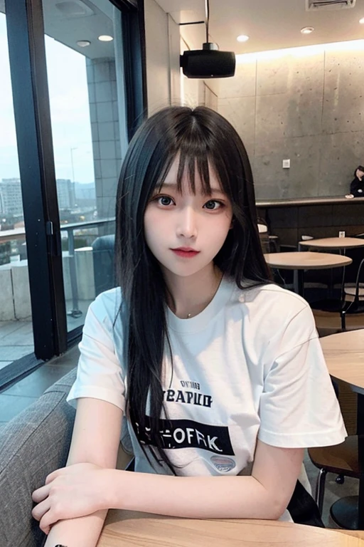 (8K、Raw photography、top-quality、masterpiece:1.2)、(realisitic、Photorealsitic:1.37)、1 girl in、16 only、cute little、adolable、(blue eyess)、(Shy smile:0.4)、(独奏)、详细的脸、oval-face、Thin almond eyes、Black hair straight、Hair over one eye、A slender、medium breasts、jaket、White tee shirt、Dramatic Angle、tilt of the head、fluorescent lamp、Inside the coffee shop、Sitting by the window、small head、(Facing the other side)、teens girl