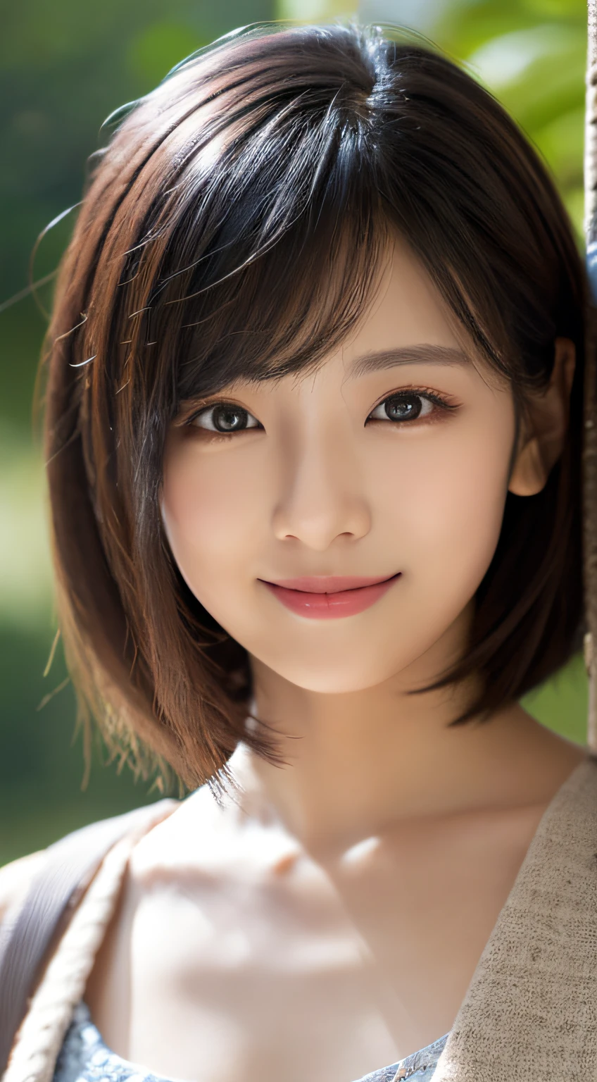 (photographed:1.2)、(Photorealsitic:1.4)、(masterpiece:1.3)、(top-quality:1.4)、超A high resolution、(A detailed eye)、(detailed facial features)、(detailed clothes features)、8K分辨率、solofocus、bangss、Double eyelids、japanes, (1girl in), beauitful face, (Lifelike face), (A dark-haired, short-hair:1.3), Beautiful hairstyle, Realistic eyes, Beautiful eyes, (real looking skin), Beautiful skin, enticing, 超A high resolution, A hyper-realistic, high-detail, see the beholder,A smile,camisa branca aberta,is standing、Feeling peeking from below、Kamimei、You can see the chest