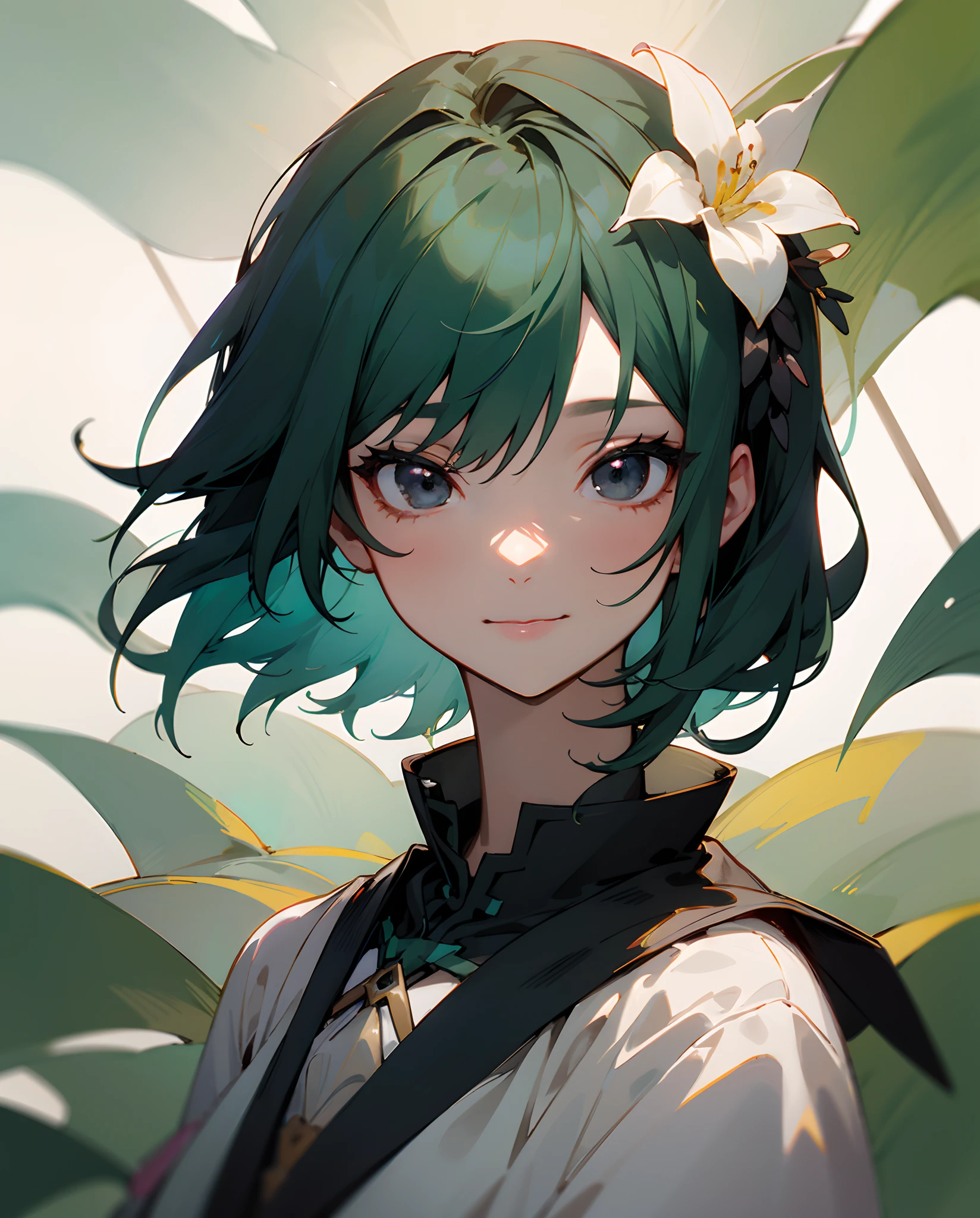 masterpiece、top-quality、超A high resolution、2D beautiful girl、animesque、s girl、Dark green hair、short-haired、Higan flower hair ornament、Beautiful black eyes、The clothes are also depicted in detail、Eyes are depicted in detail、The face is depicted in detail、sorcerer、soio、Gentle smile、hair adornments、animesque、illustratio